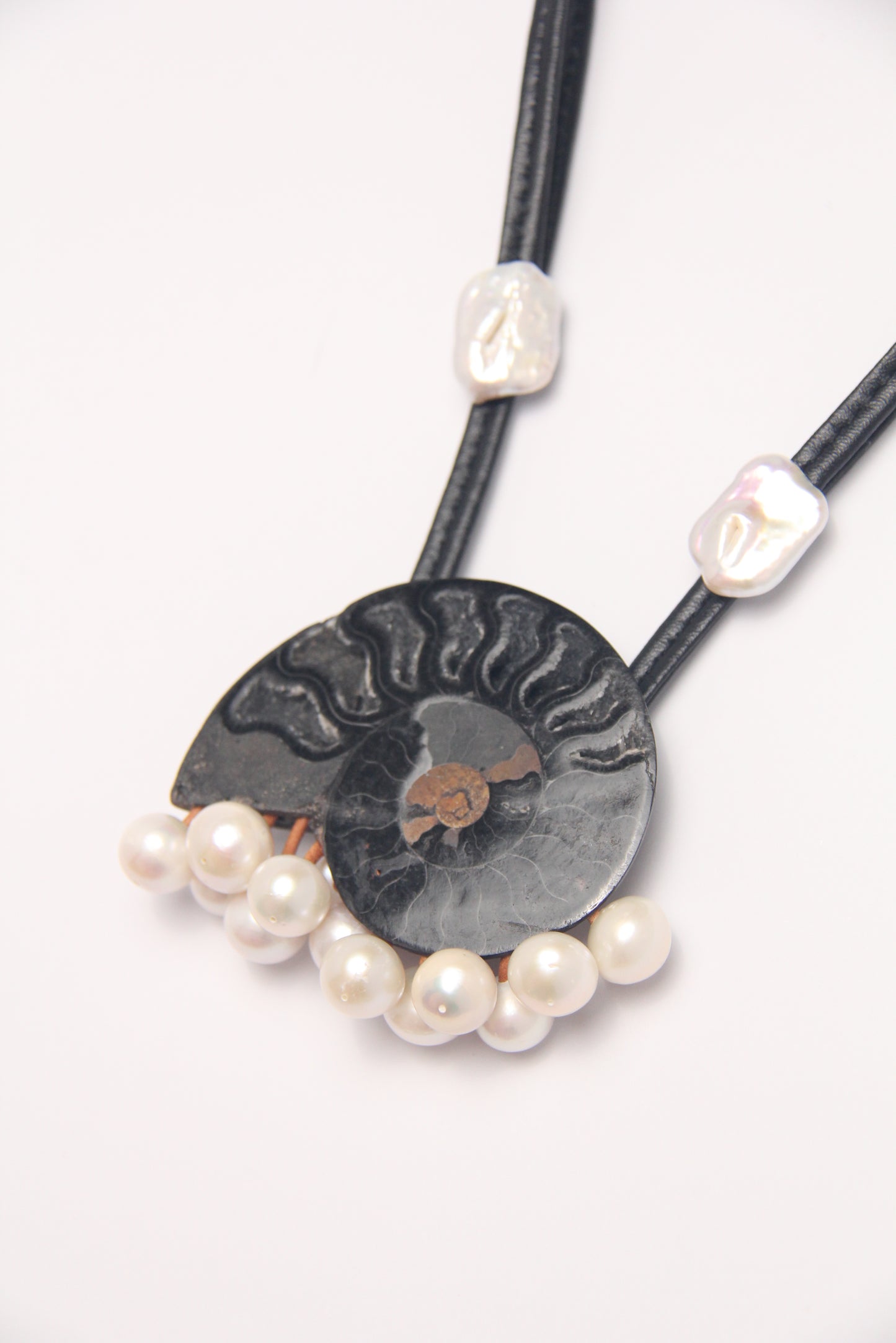 Pendant: ammonite fossil, pearls