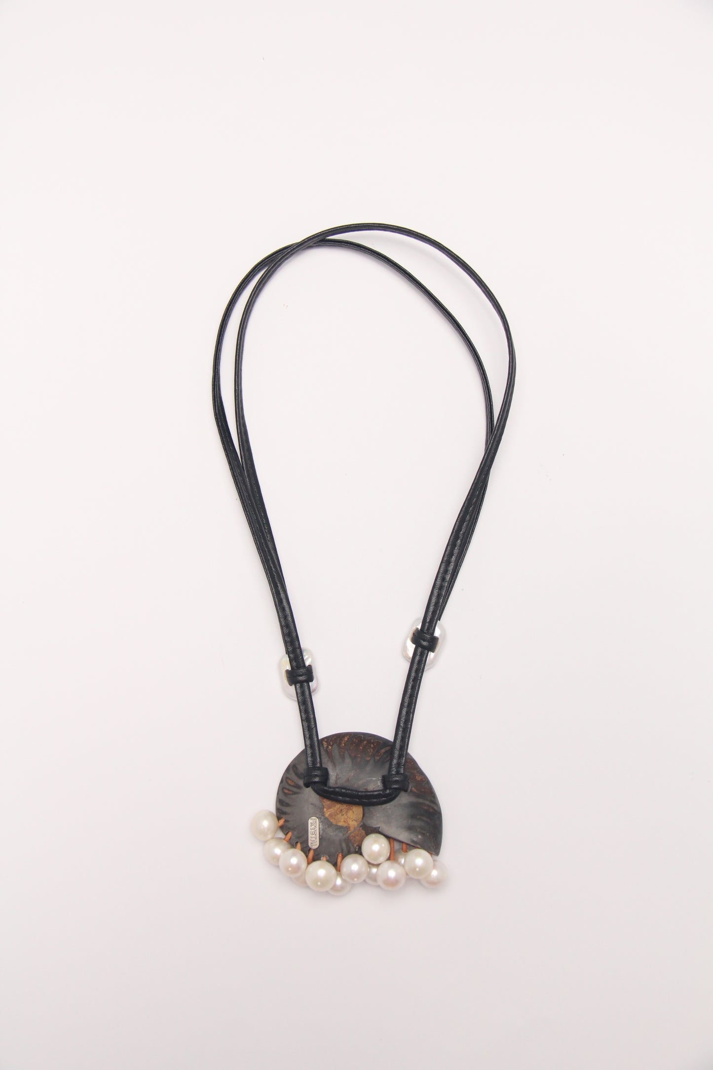 Pendant: ammonite fossil, pearls