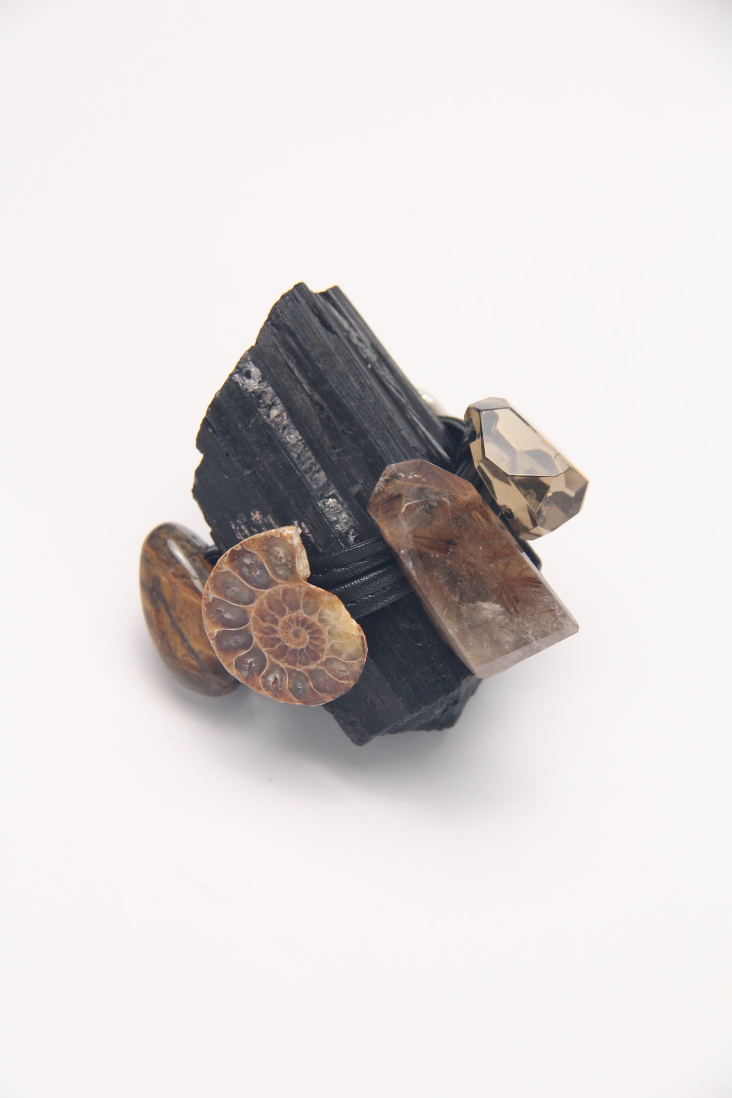 Bracelet: ammonite fossil, tiger's eye, rutilated quartz, citrine, pearls