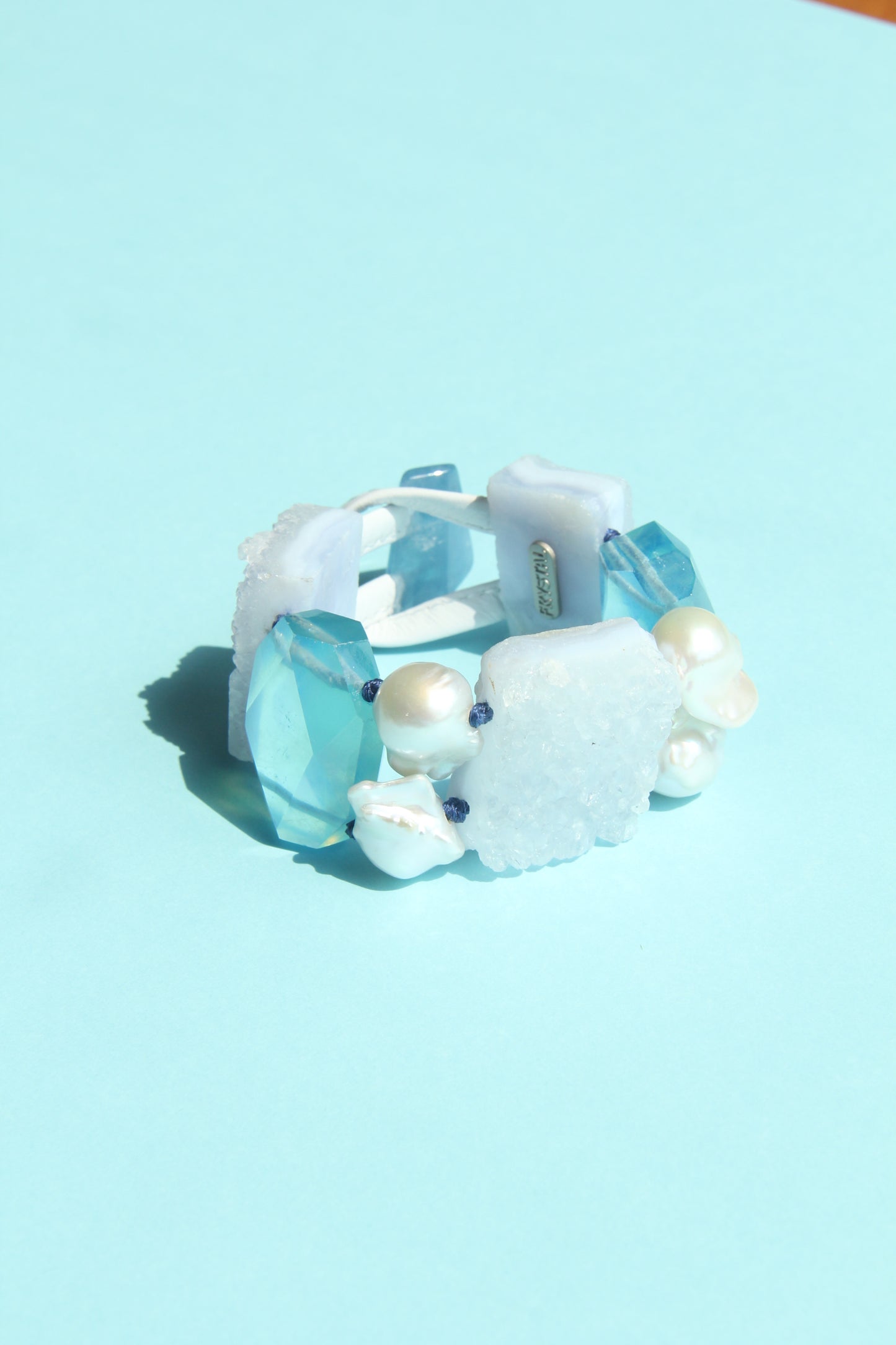 Bracelet: aquamarine, blue lace agate, pearls