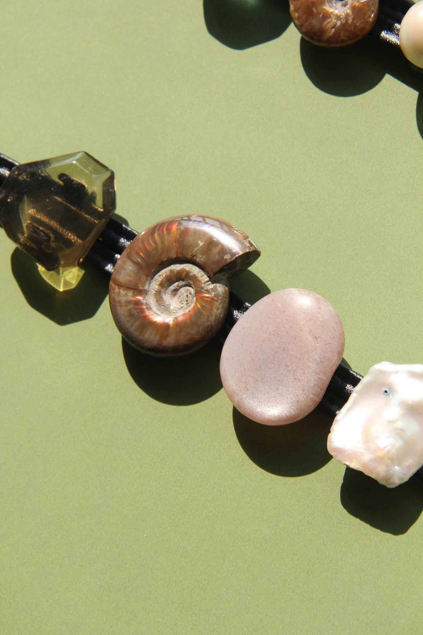 Bracelet: citrine, ammonite, sunstone, pearl