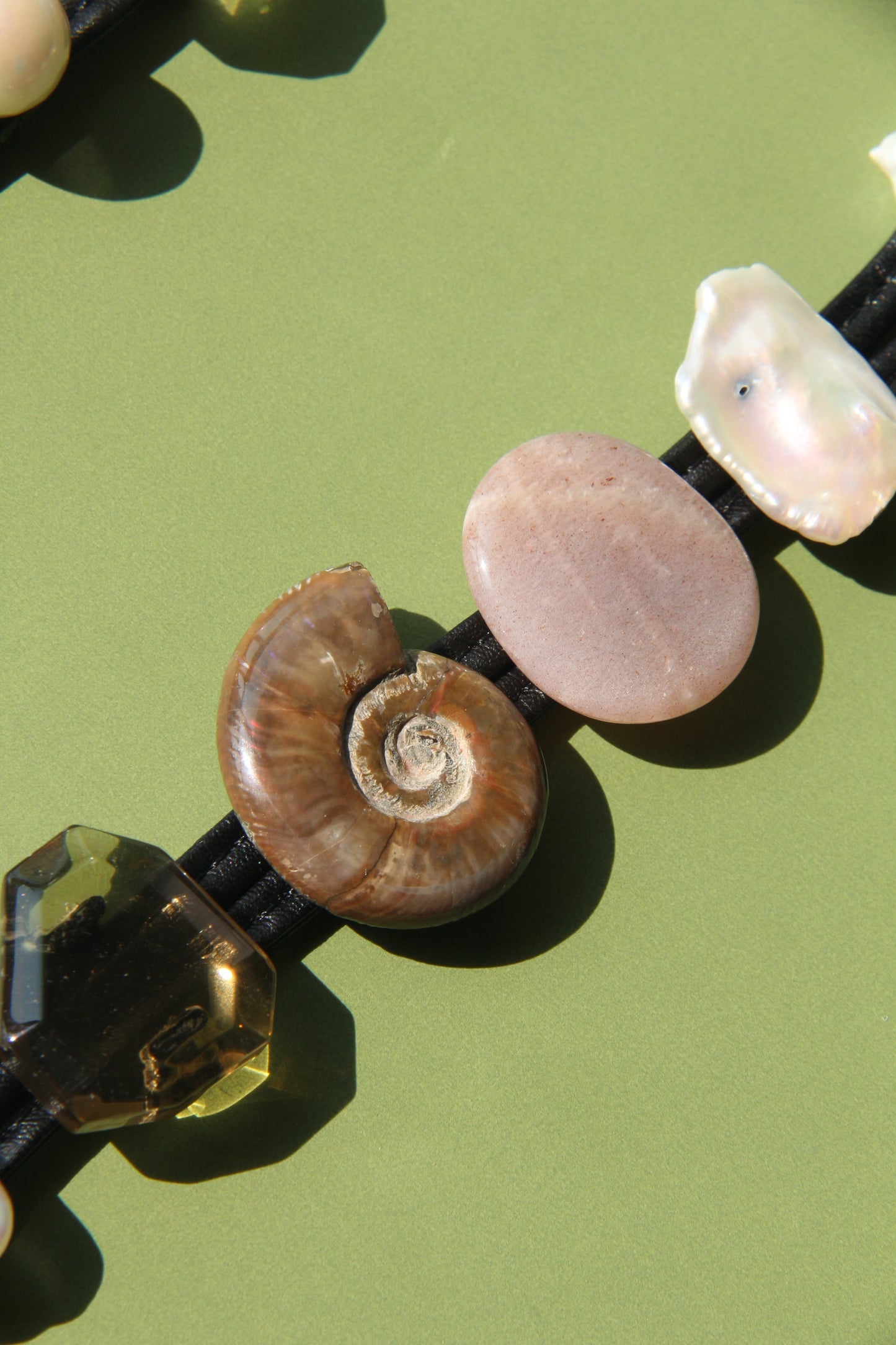 Bracelet: citrine, ammonite, sunstone, pearl
