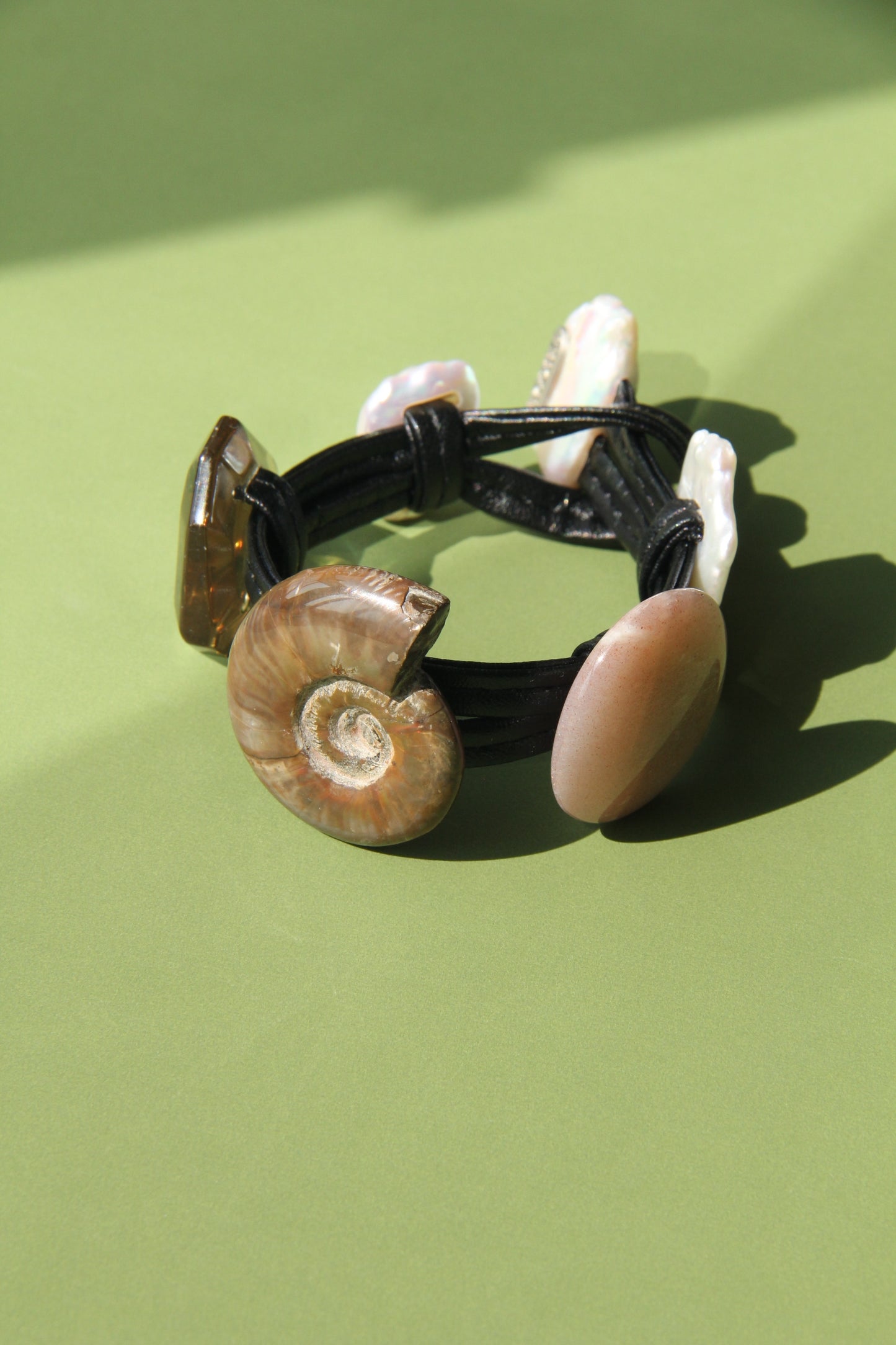 Bracelet: citrine, ammonite, sunstone, pearl