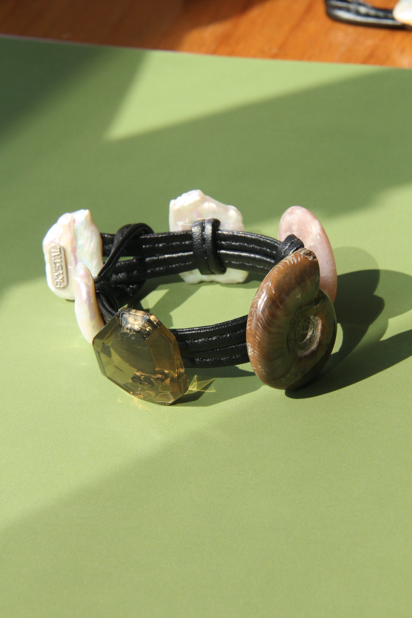 Bracelet: citrine, ammonite, sunstone, pearl