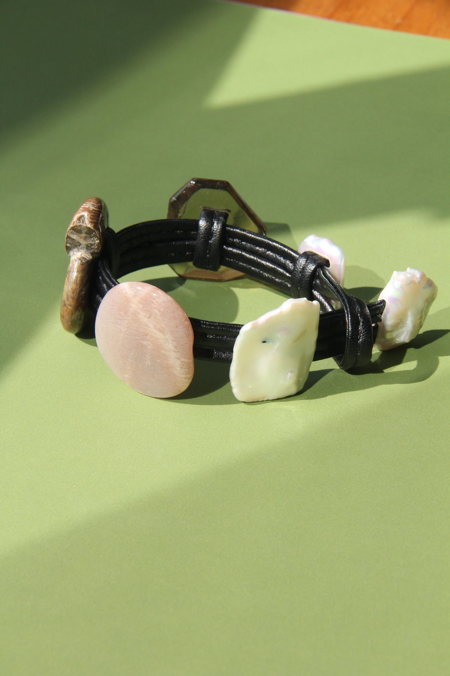 Bracelet: citrine, ammonite, sunstone, pearl