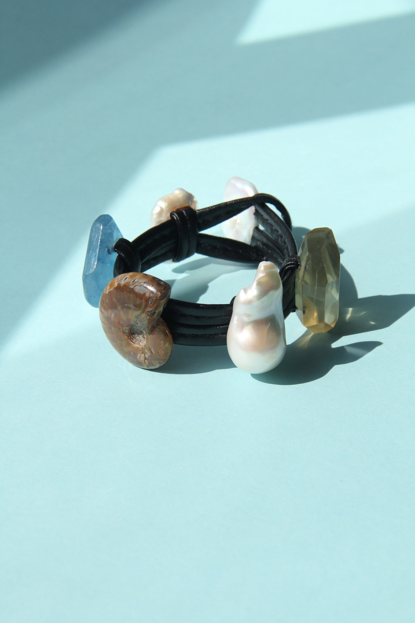 Bracelet: aquamarine, ammonite, pearl, citrine