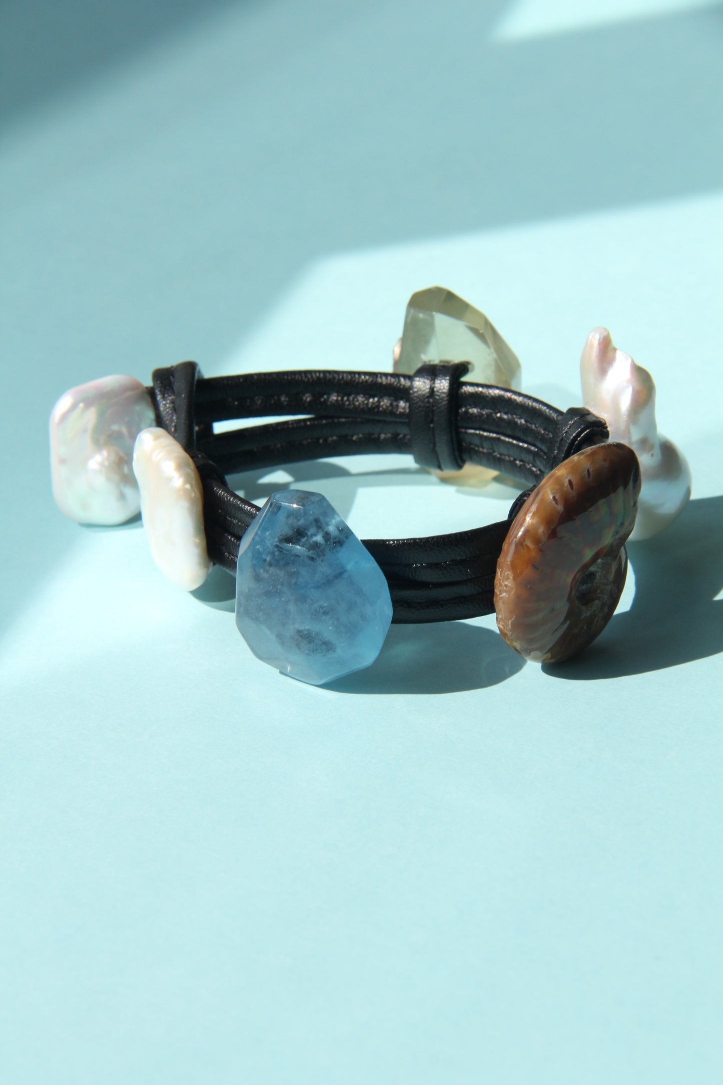 Bracelet: aquamarine, ammonite, pearl, citrine