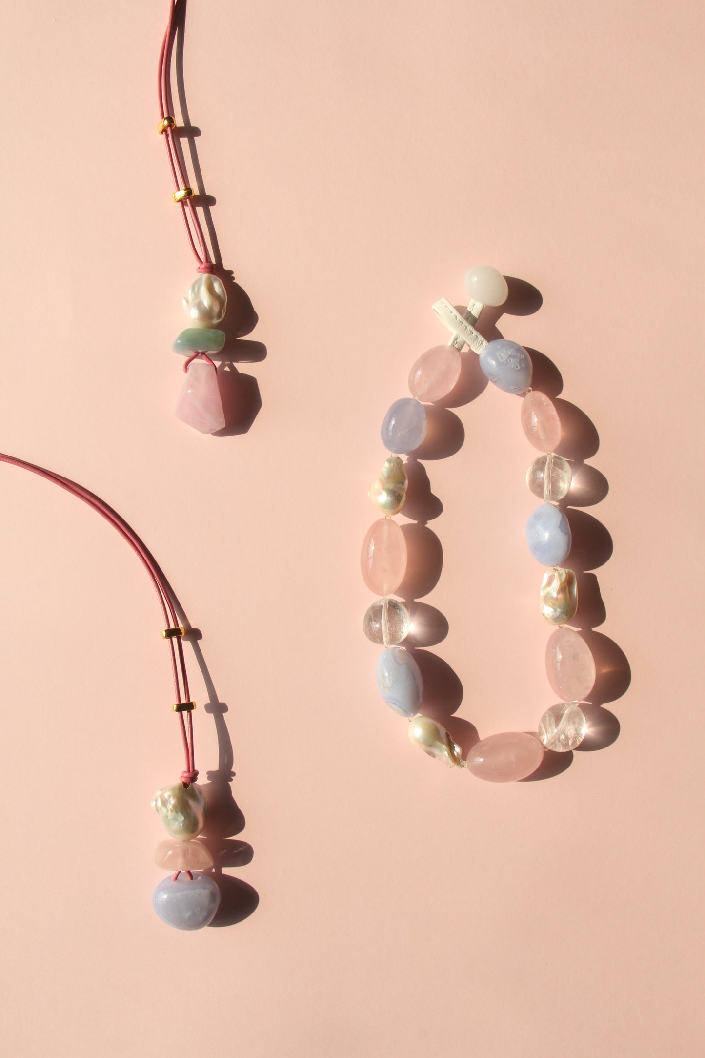 Pendant: pearl, morganite, blue lace agate