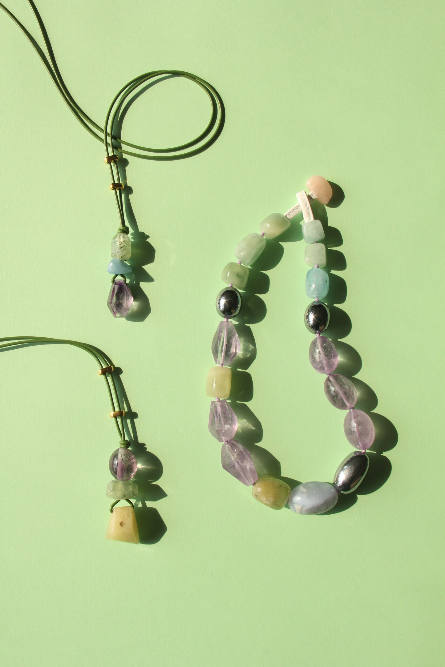 Pendant: amethyst, prehnite, morganite