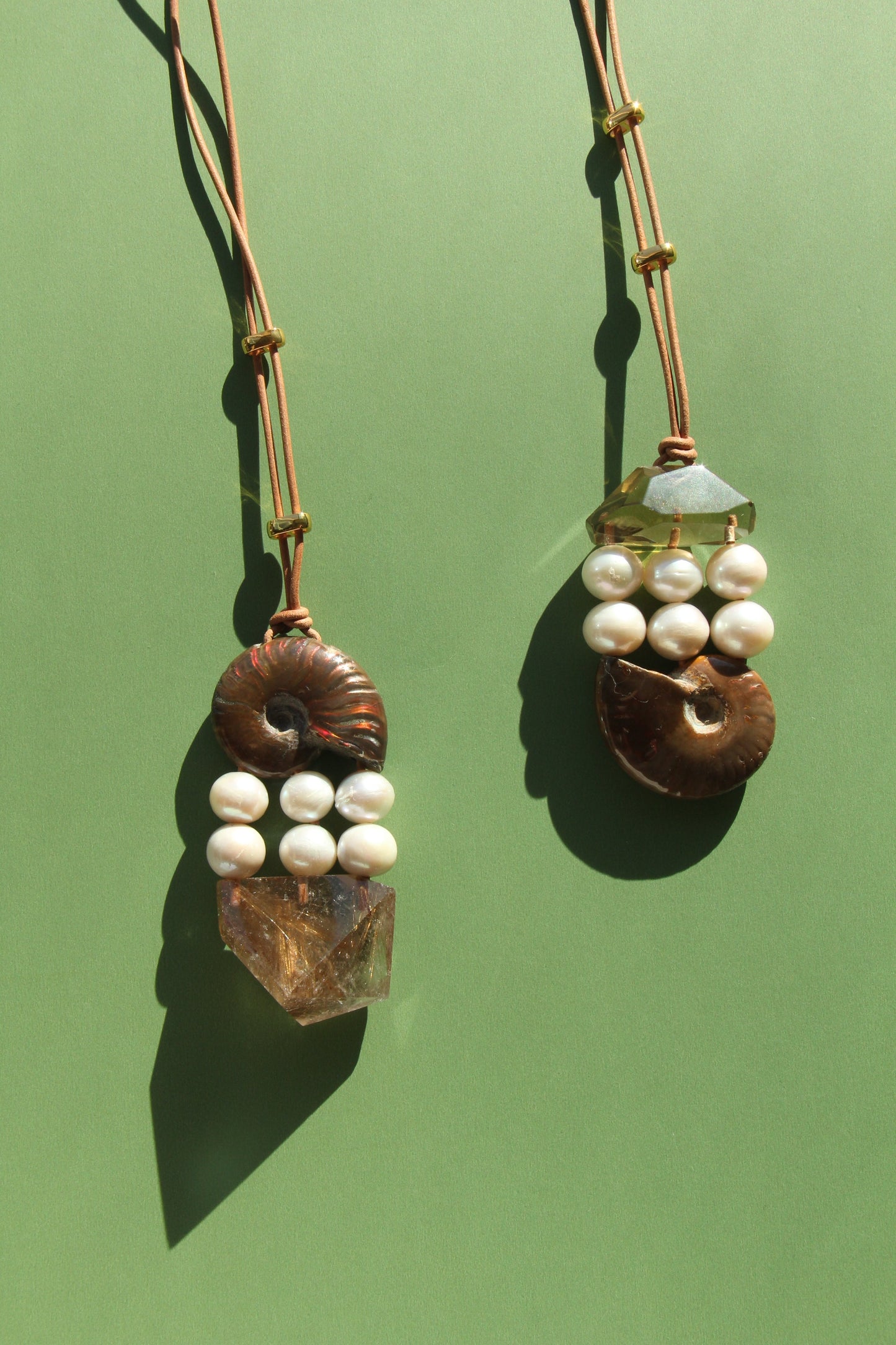 Pendant: ammonite, pearls, citrine