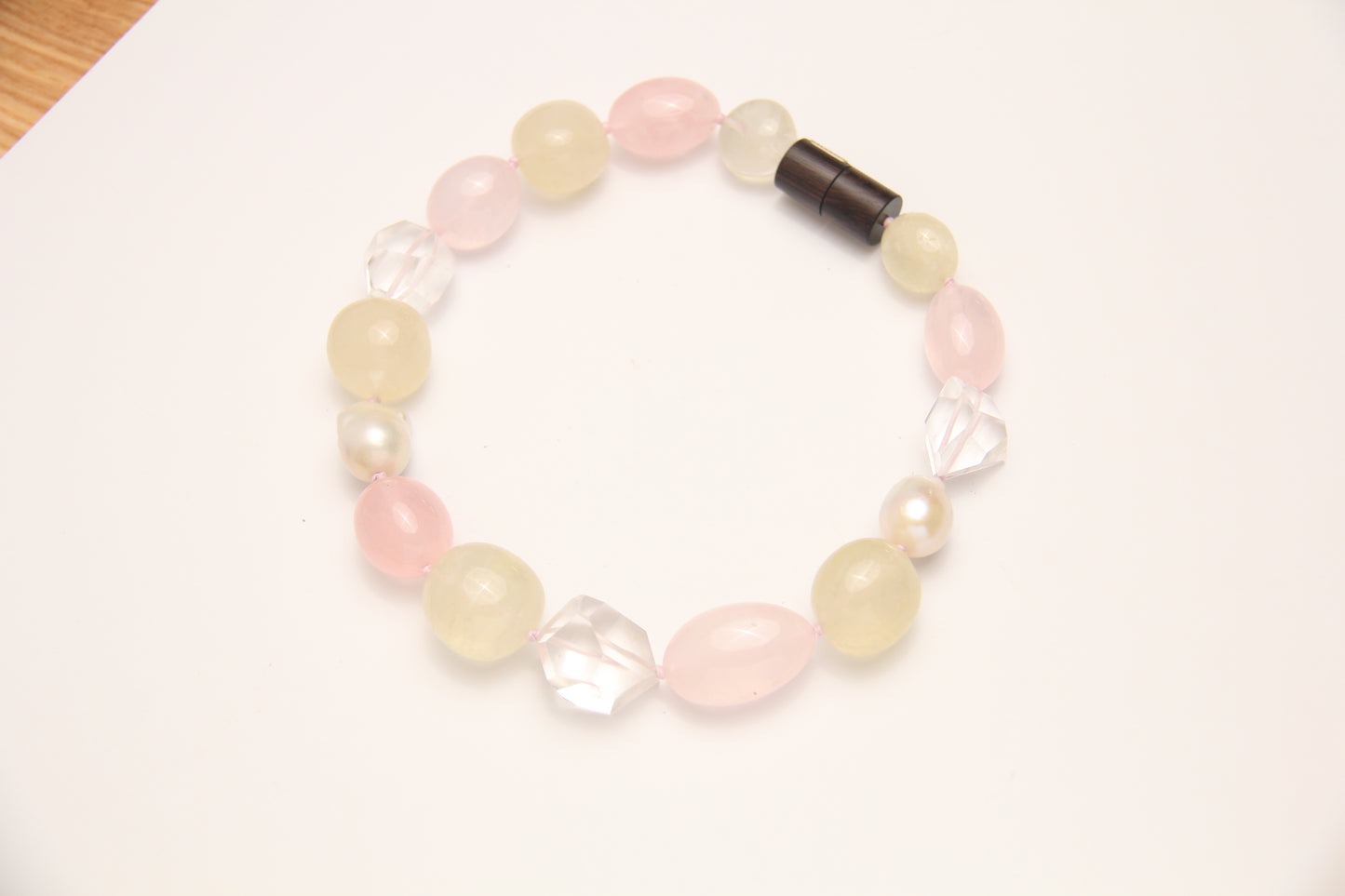 Necklace: pearls, citrine, rose quartz, quartz, ebony