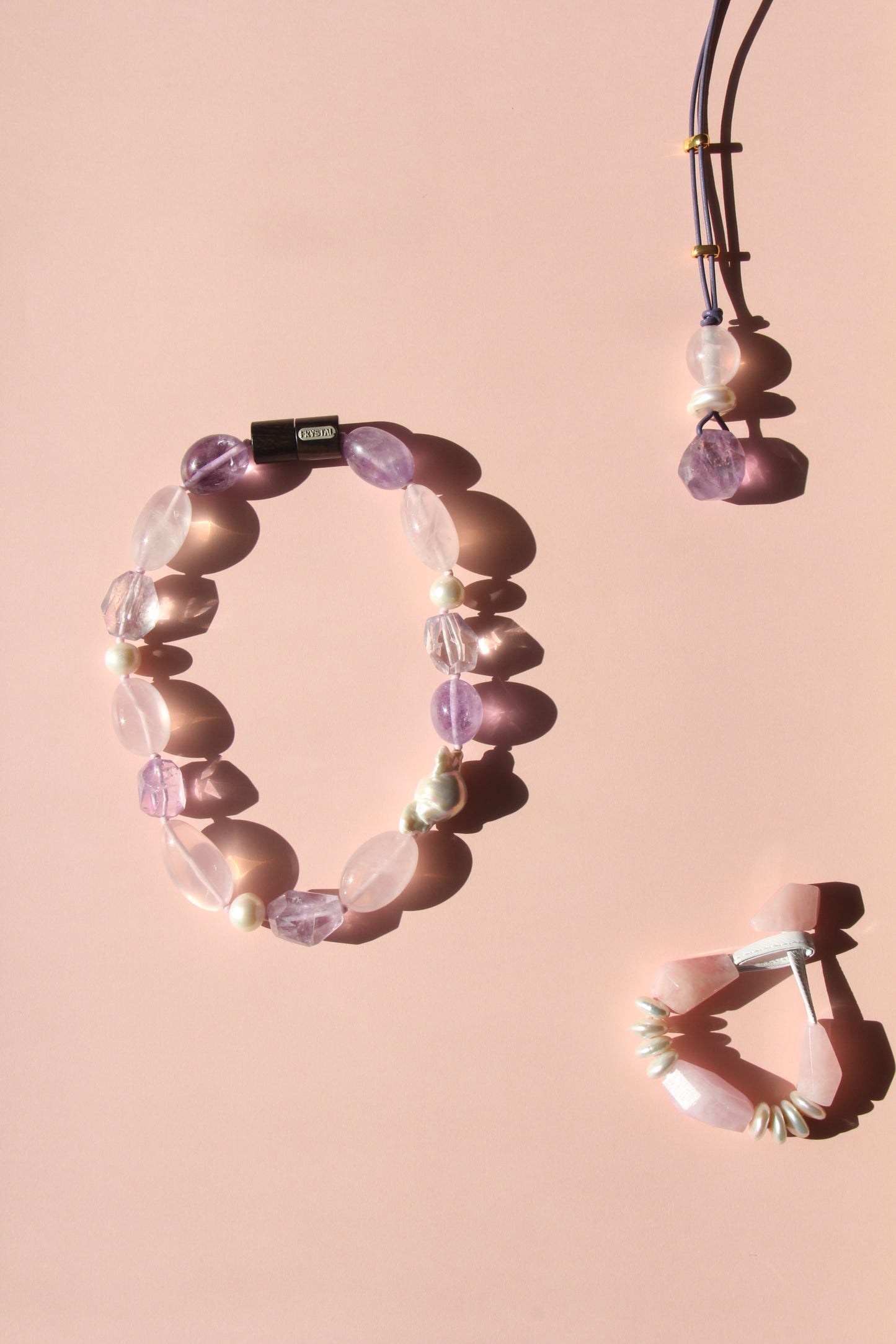 Necklace: pearls, rose quartz, amethyst, ebony