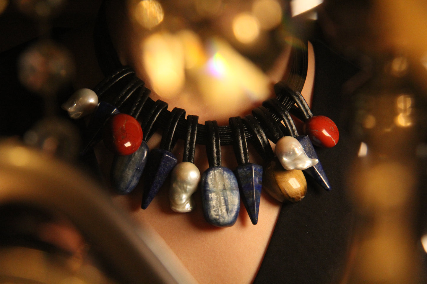 Chunky Crystal Necklace/Chunky Statement Necklace: Kyanite, lapis lazuli, pearls, red jasper stone, tiger's eye stone