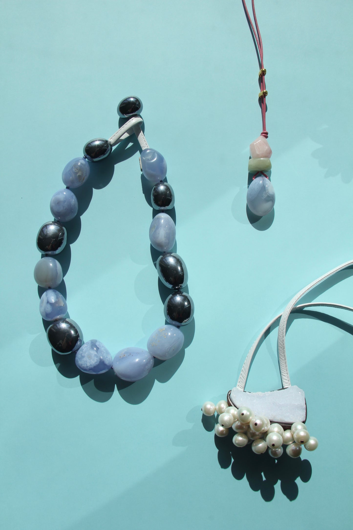 Pendant: morganite, blue lace agate