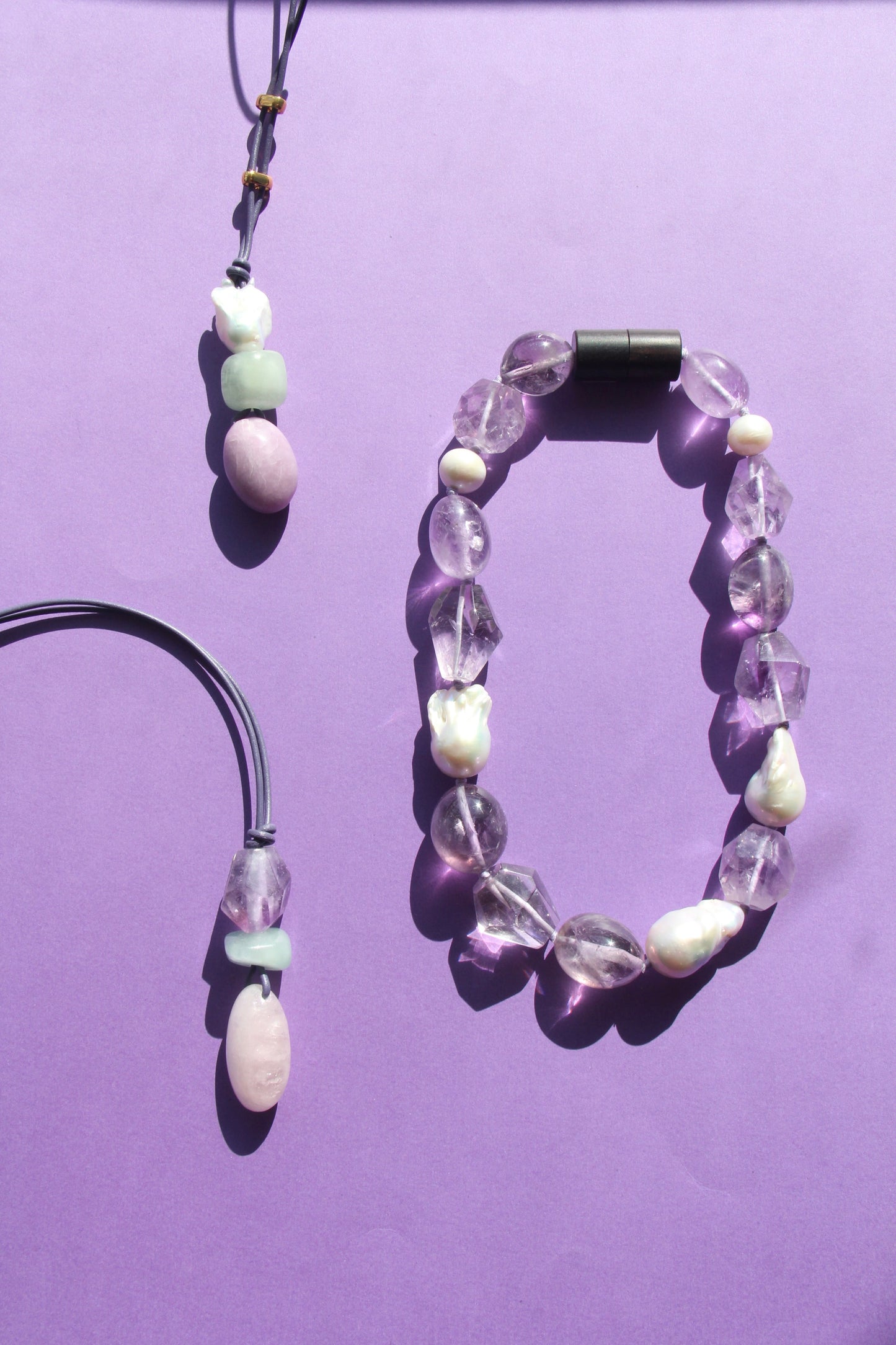 Pendant: pearl, morganite, lepidolite