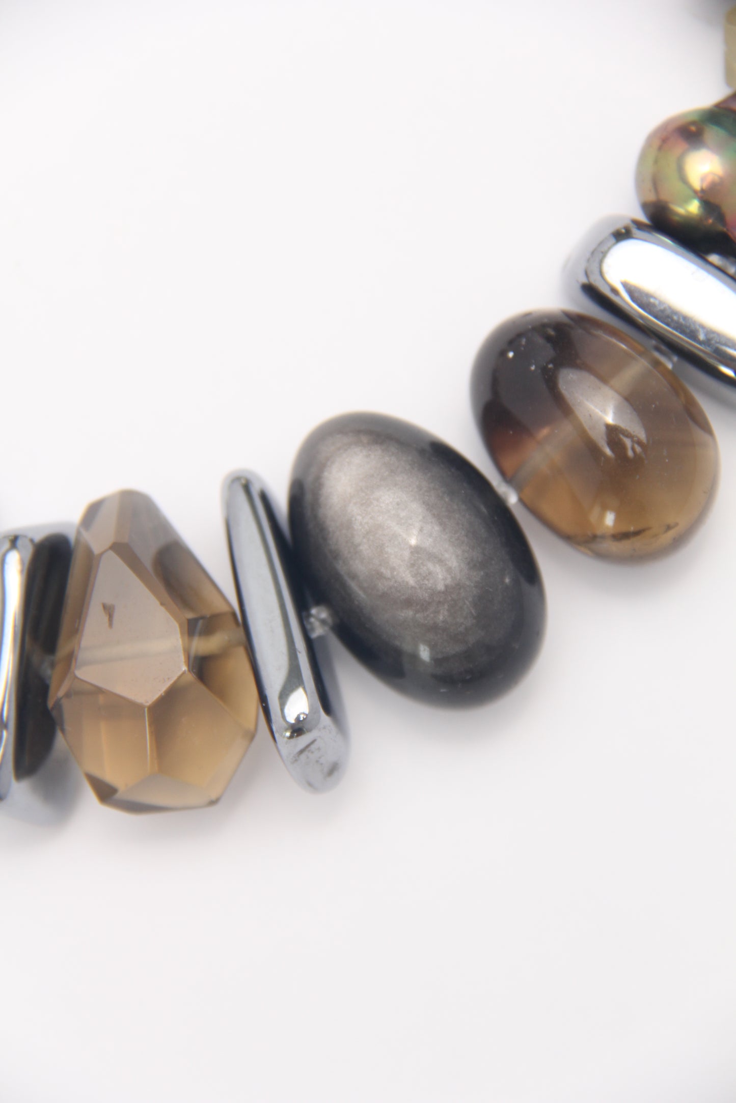 Necklace: silver obsidian, citrine, titanium magnet, pearls, smoky quartz