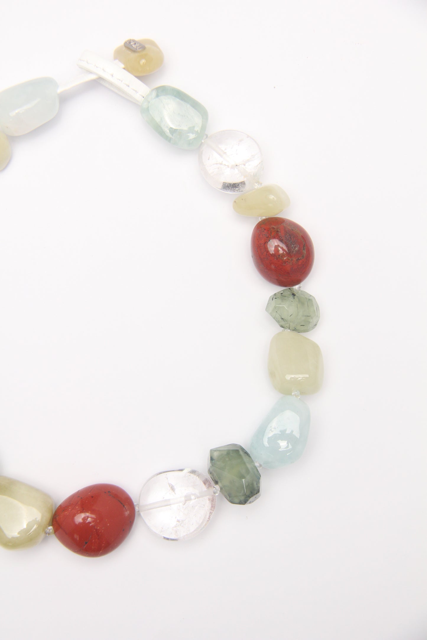 Necklace: red jasper stone, morganite, quartz, prehnite