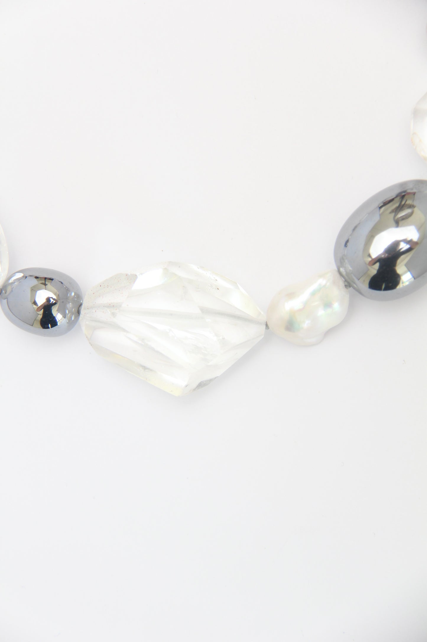 Necklace: quartz, pearls, titanium magnet, herkimer diamond