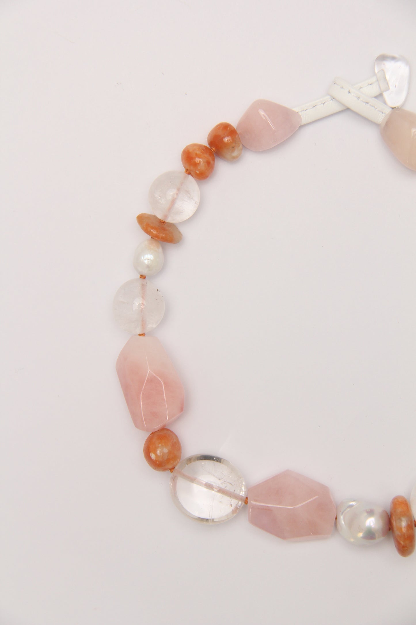 Necklace: morganite, calcite, quartz, pearls