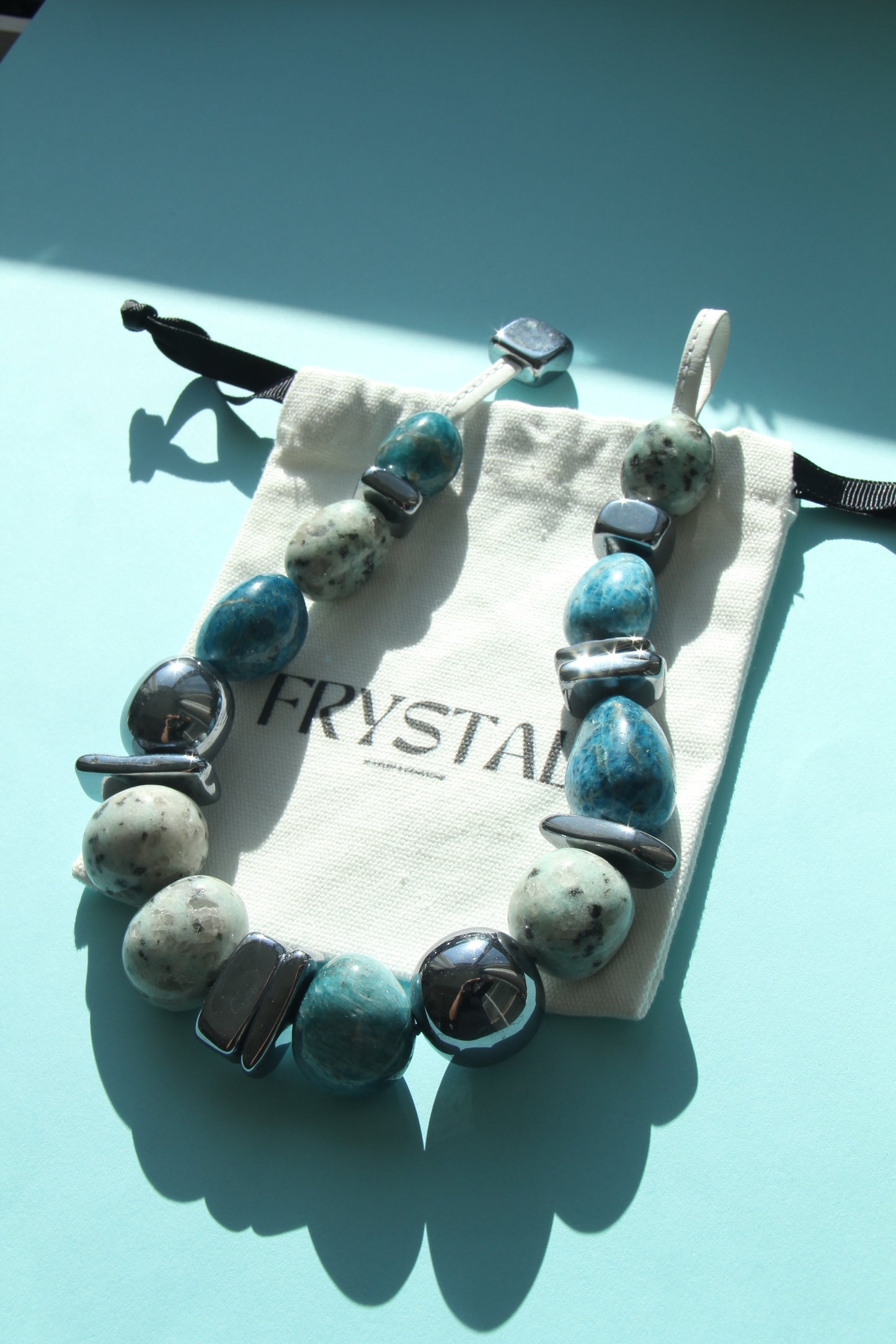 Necklace: blue apatite, kiwi jasper stone, titanium magnet