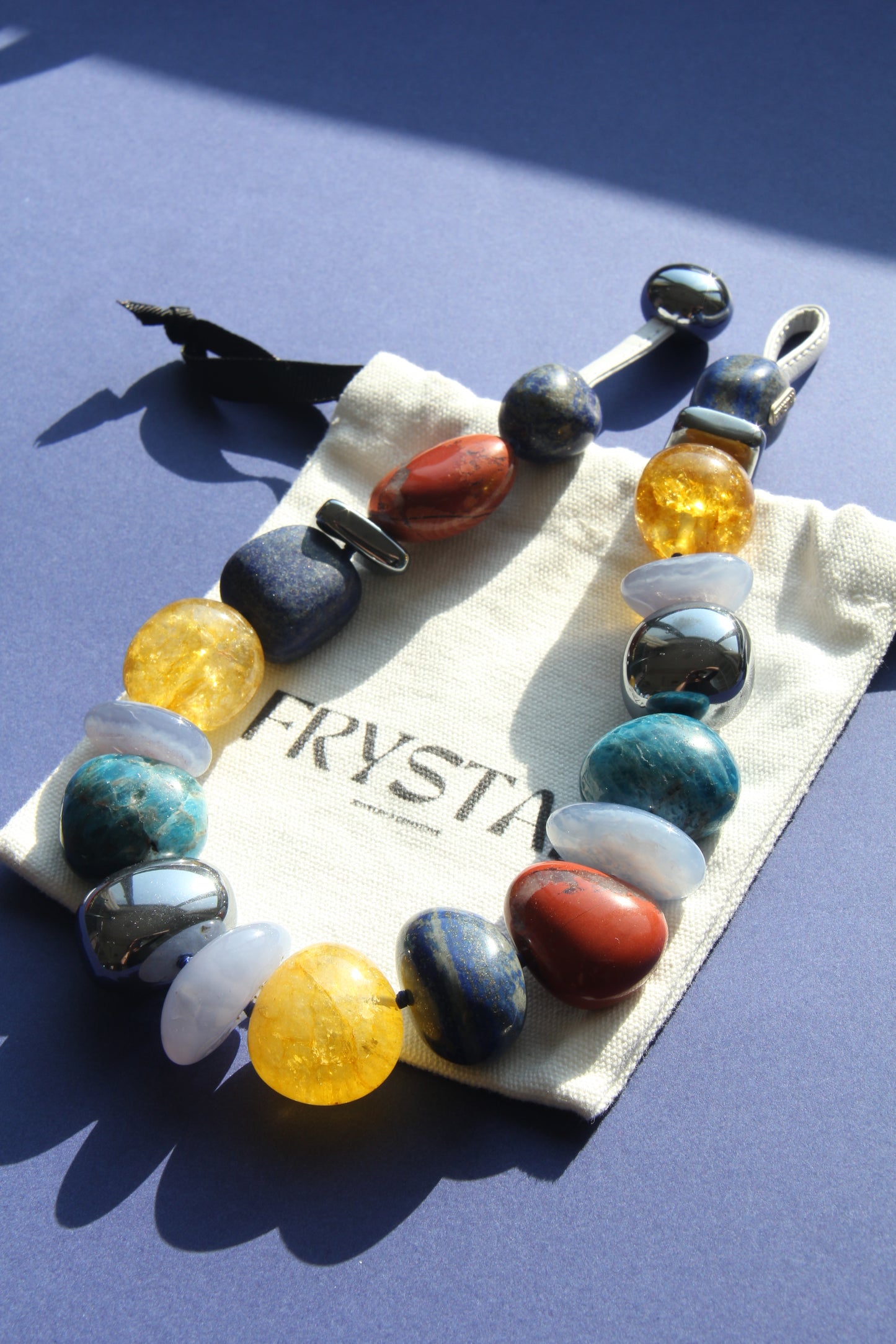 Necklace: blue apatite, blue lace agate, lapis lazuli, red jasper stone, colored hematoid quartz, titanium magnet