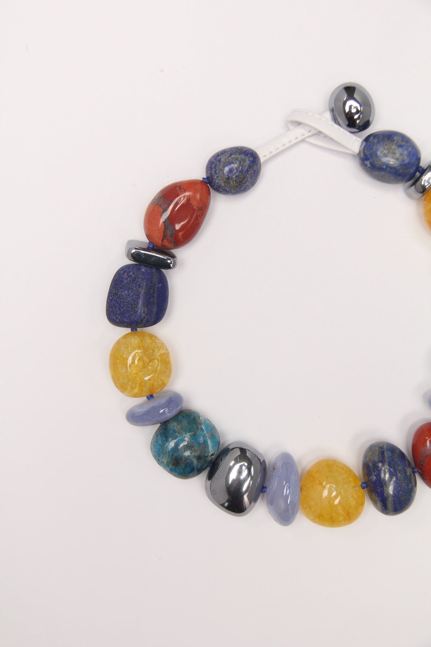 Necklace: blue apatite, blue lace agate, lapis lazuli, red jasper stone, colored hematoid quartz, titanium magnet