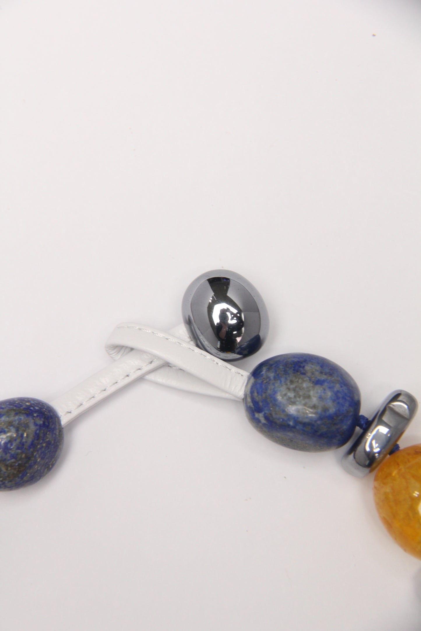 Necklace: blue apatite, blue lace agate, lapis lazuli, red jasper stone, colored hematoid quartz, titanium magnet