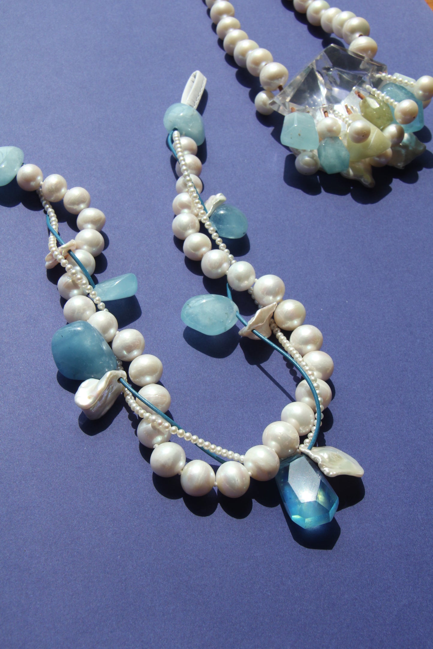 Necklace: aquamarine, morganite, pearls