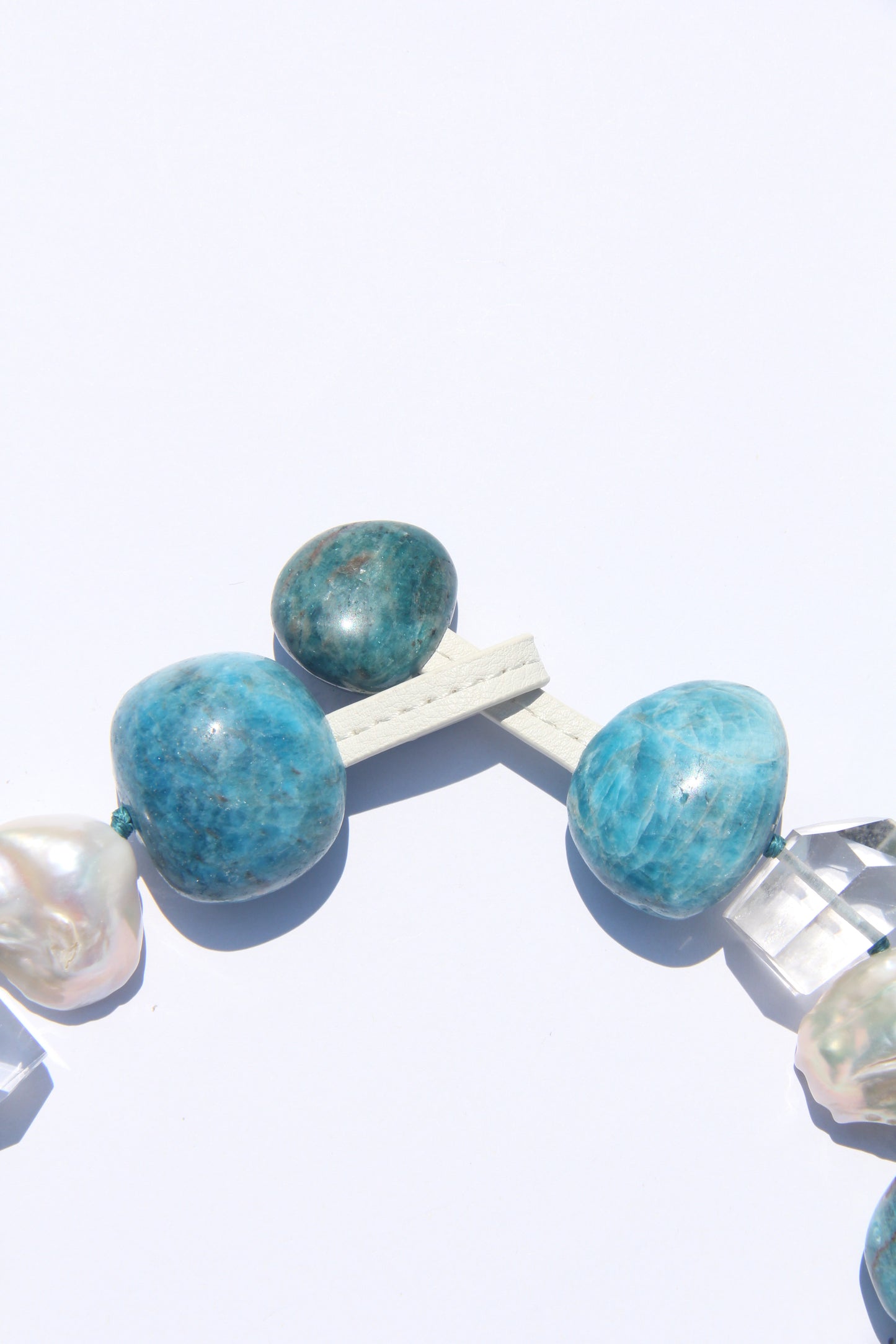 Necklace: blue apatite, quartz, pearls