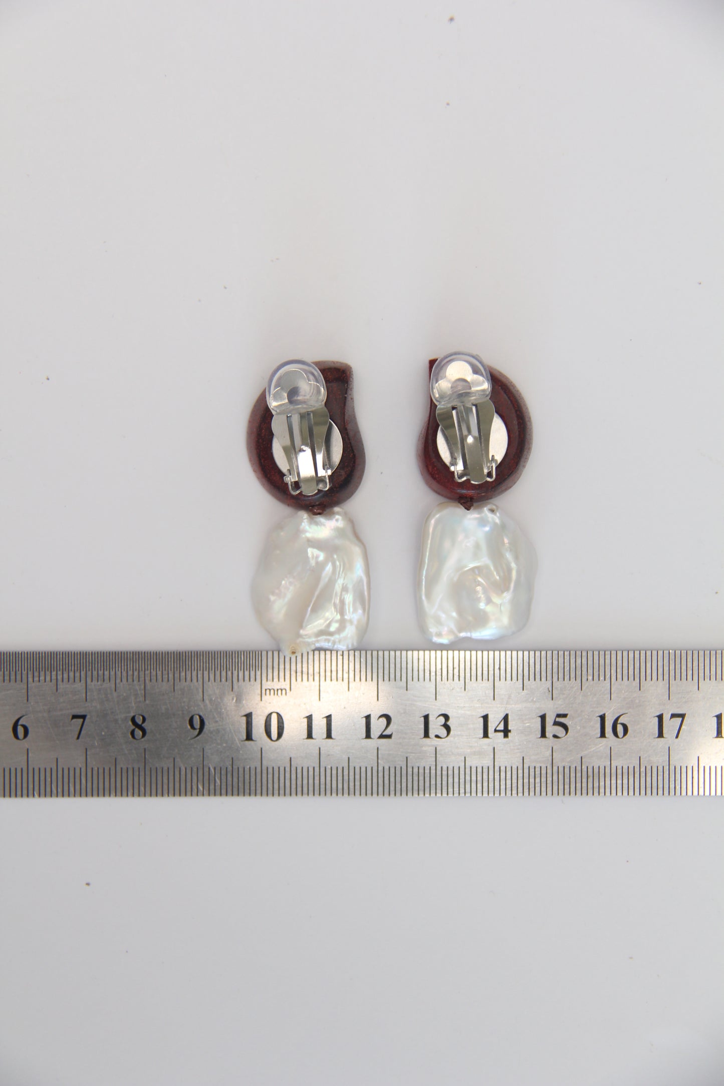 Earrings: ammonite, Zambia blood wood, pearls