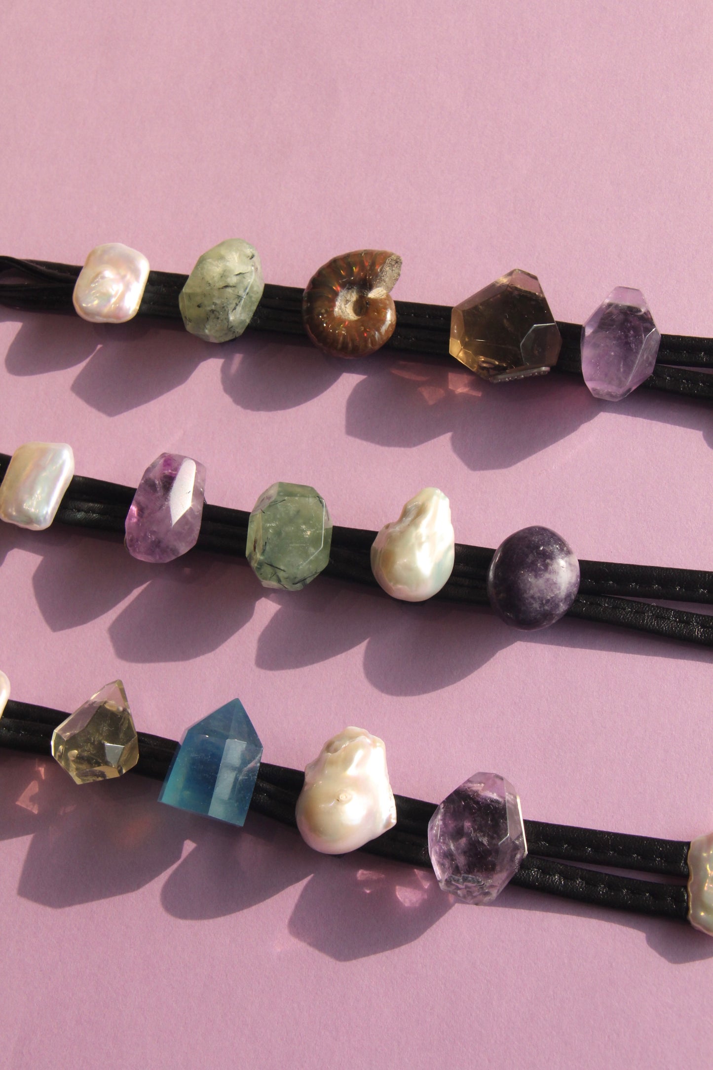 Bracelet: prehnite, ammonite, citrine, amethyst, pearls