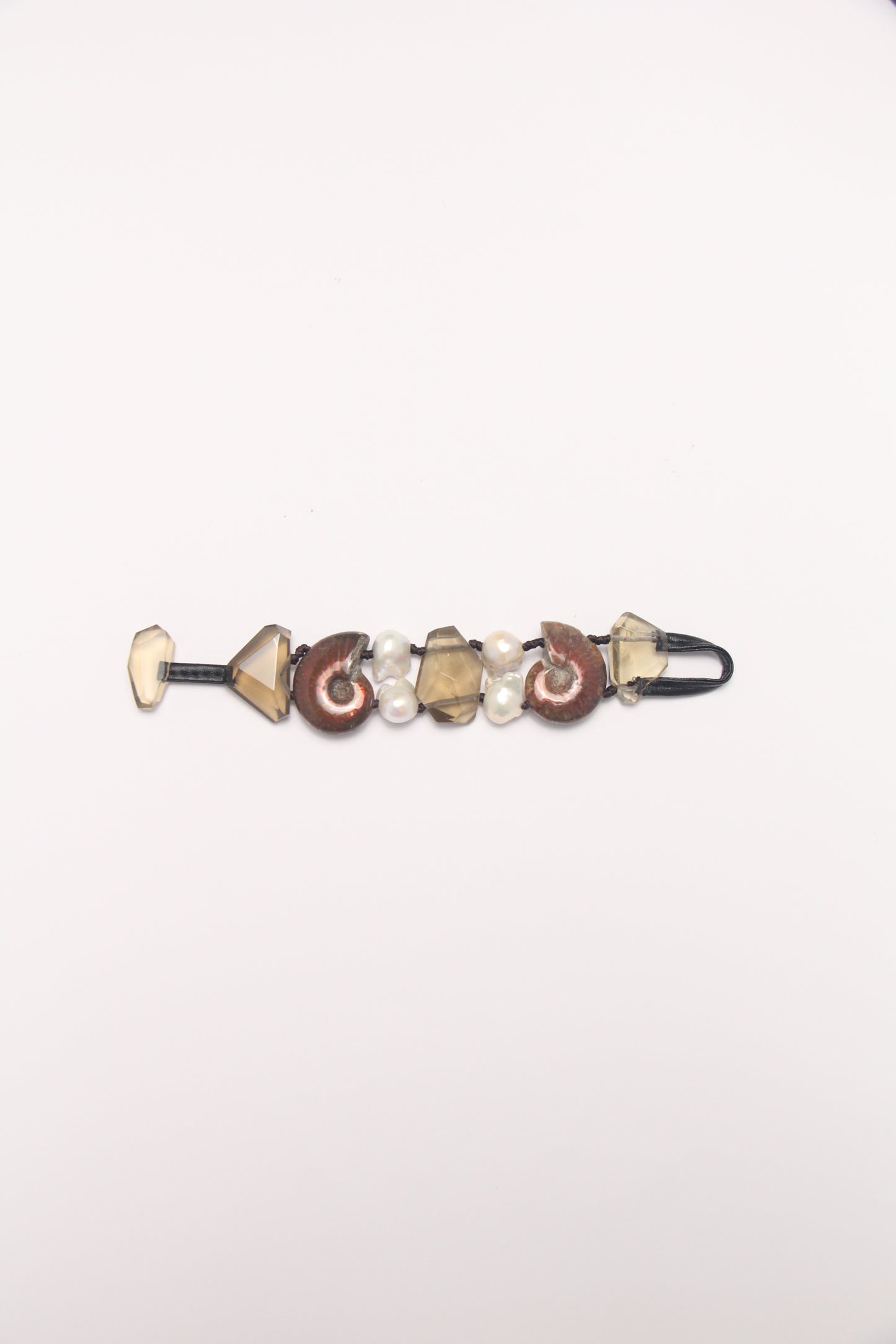Bracelet: ammonite fossils, smoky quartz, pearls