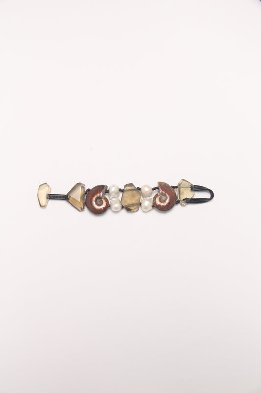 Bracelet: ammonite fossils, smoky quartz, pearls