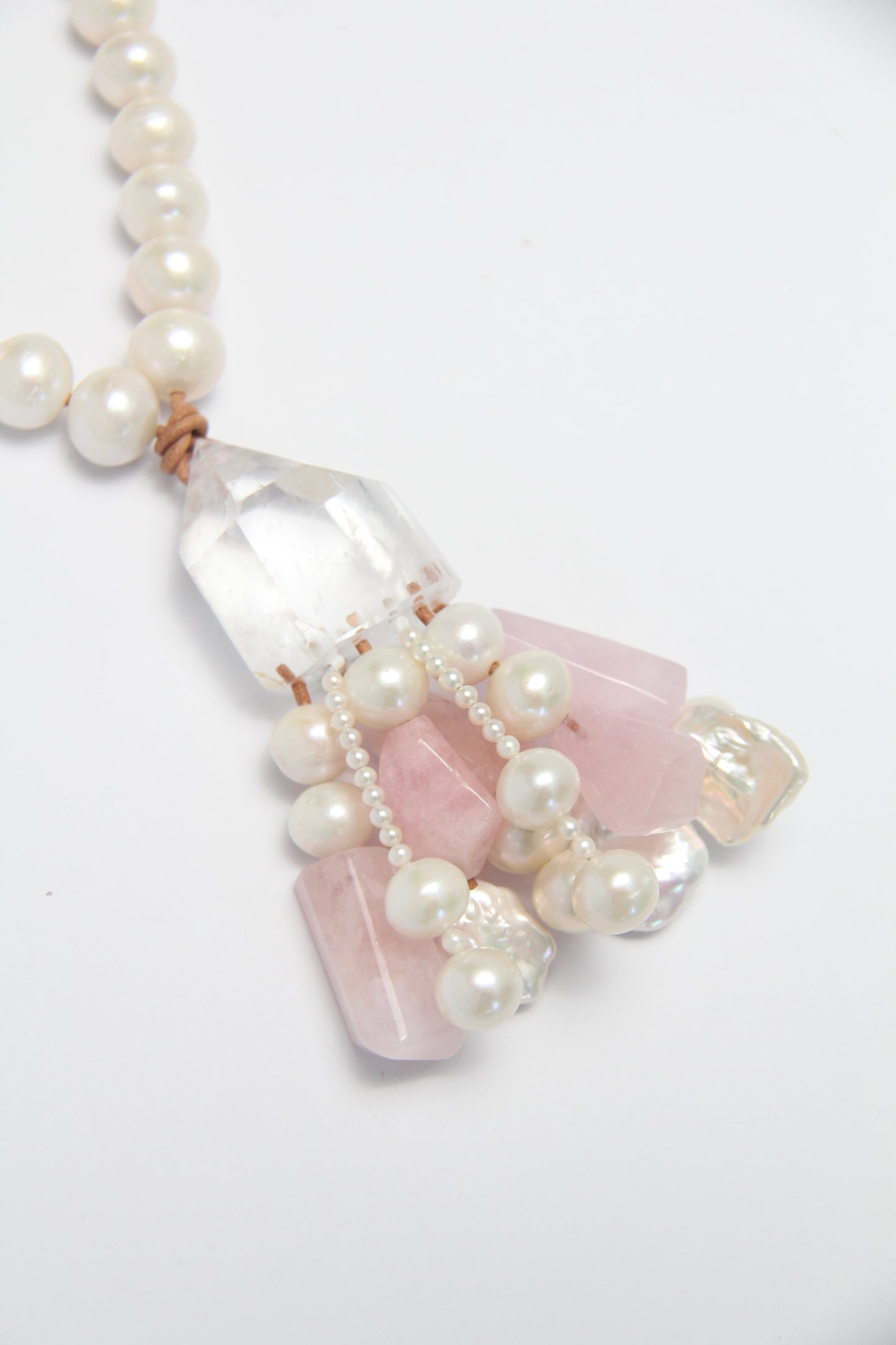 Pendant: quartz, pearls, morganite