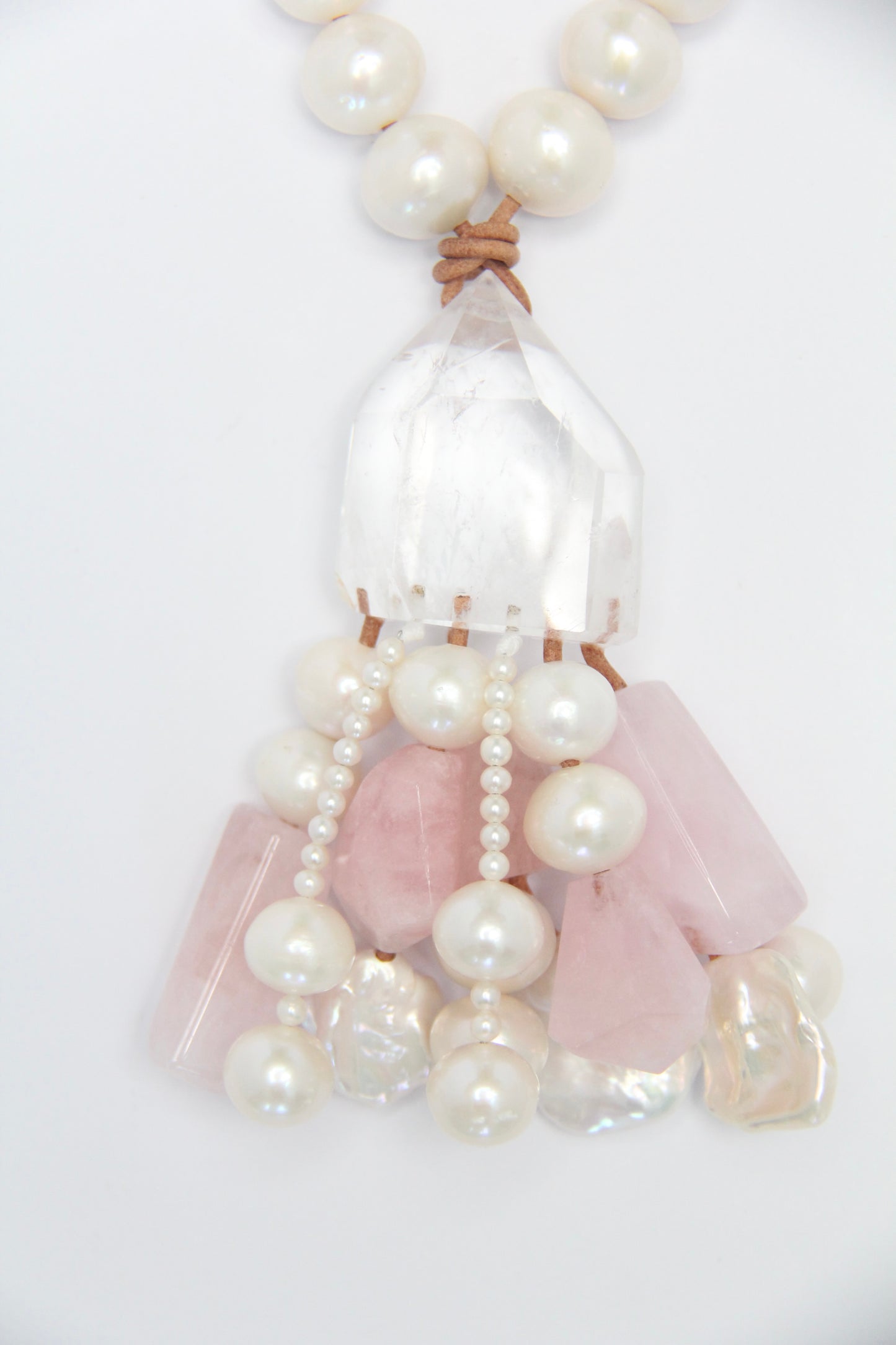 Pendant: quartz, pearls, morganite