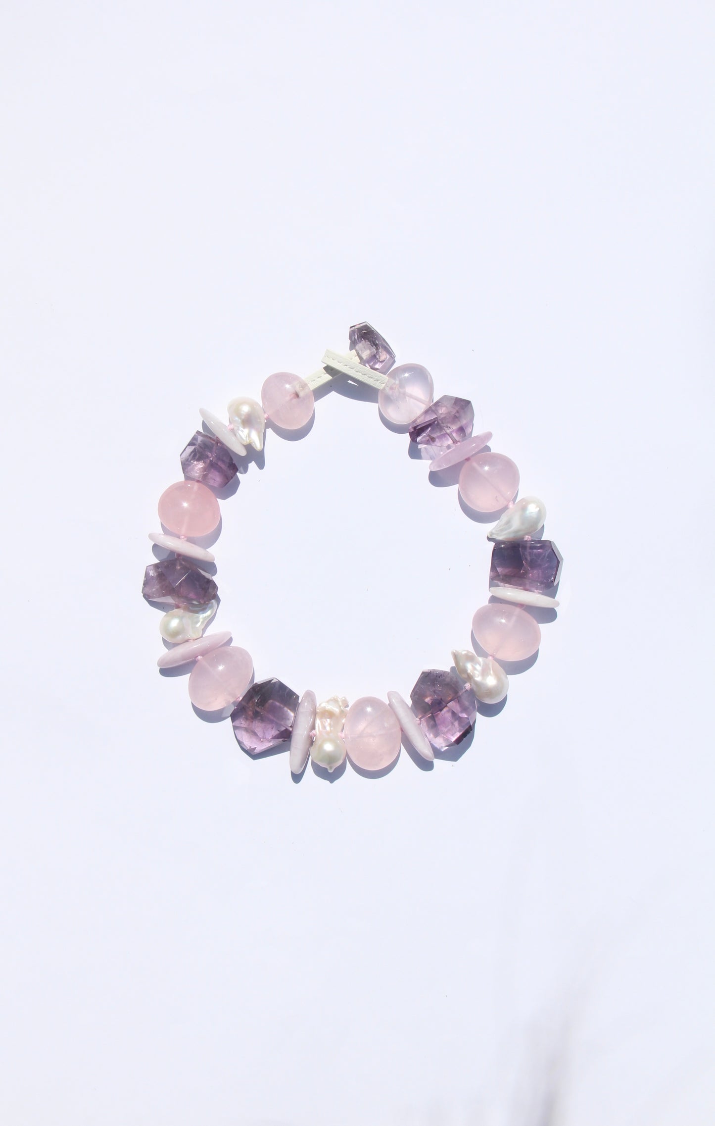 Necklace: amethyst, kunzite, rose quartz, pearls