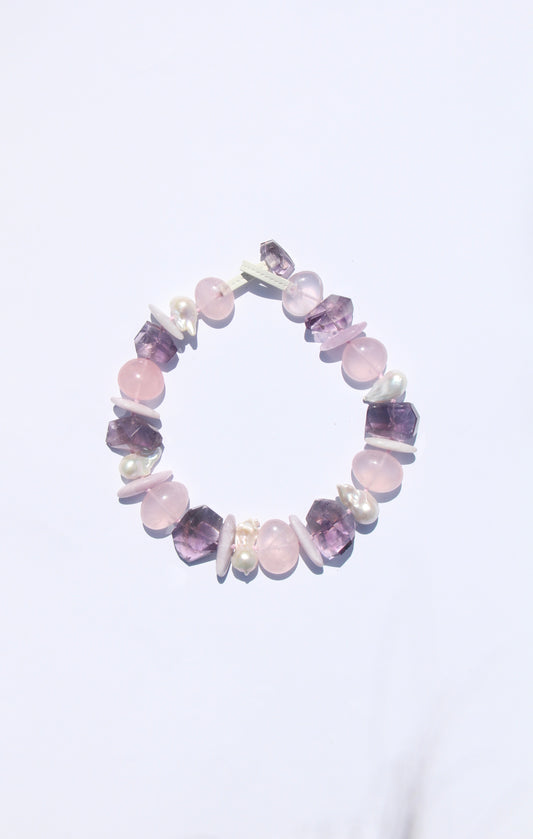 Necklace: amethyst, kunzite, rose quartz, pearls