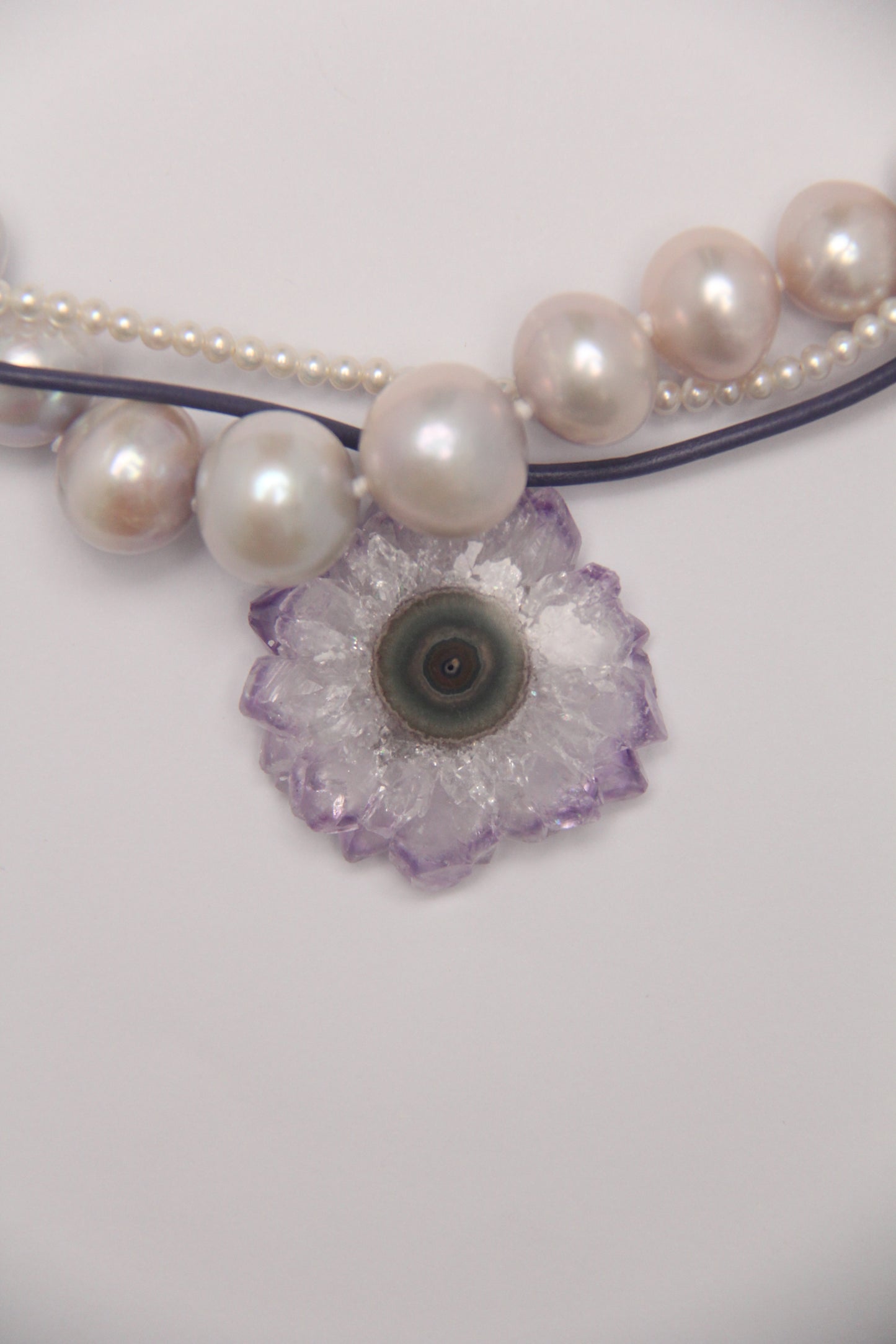 Necklace:  amethyst stalactite flower flat slice, amethyst, pearls