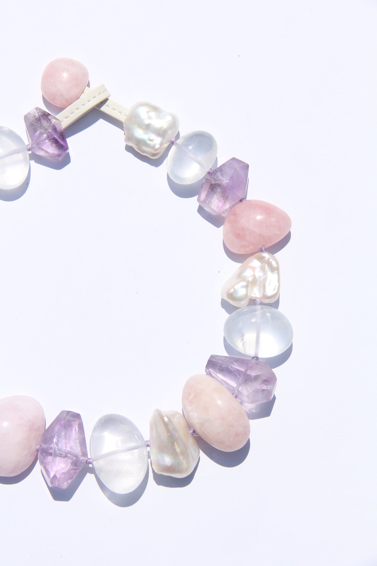 Necklace: morganite, quartz, amethyst, pearls
