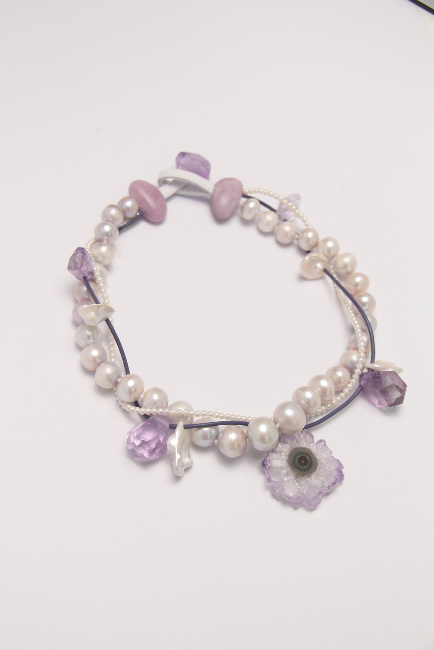 Necklace:  amethyst stalactite flower flat slice, amethyst, pearls