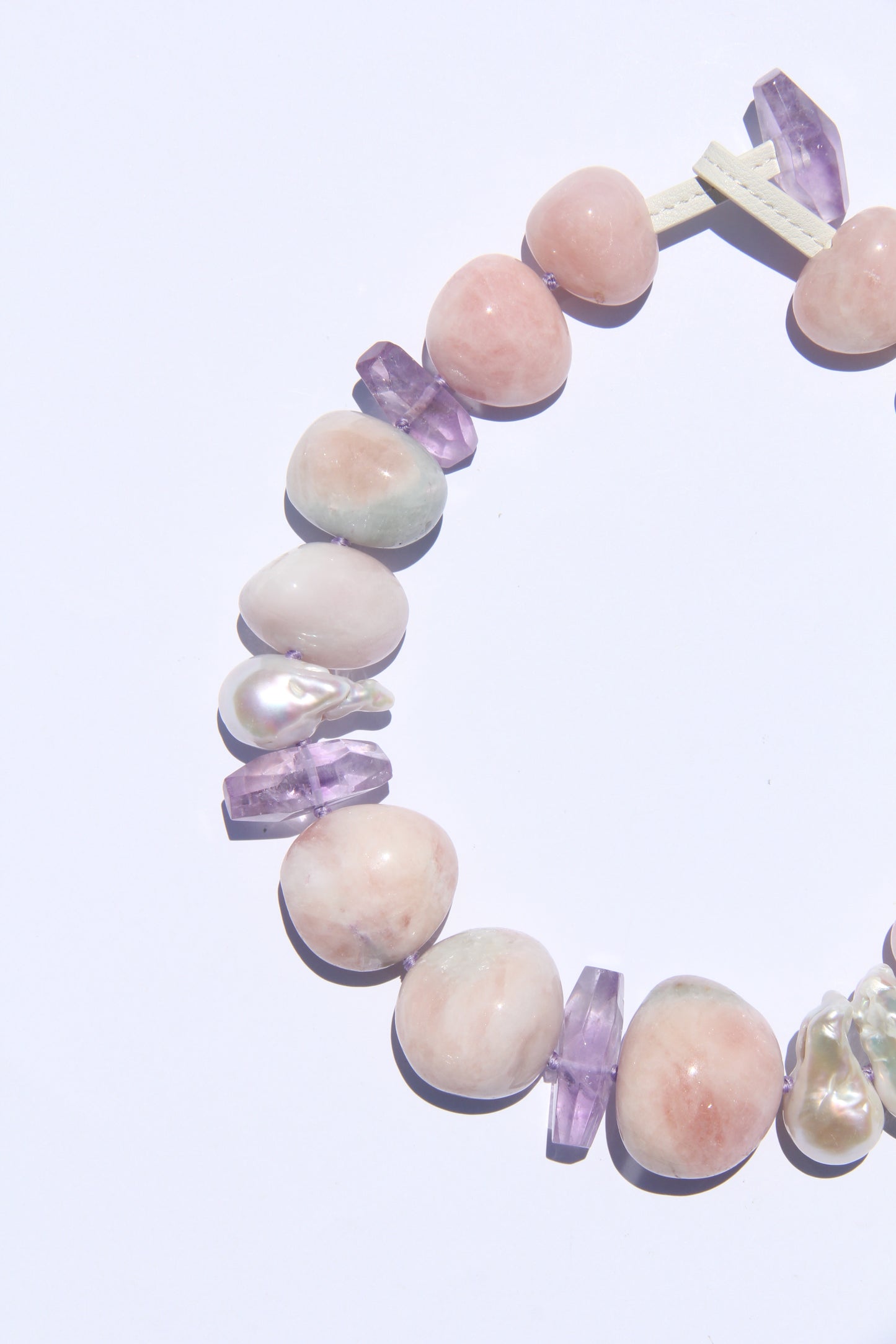 Necklace: morganite, amethyst, pearls