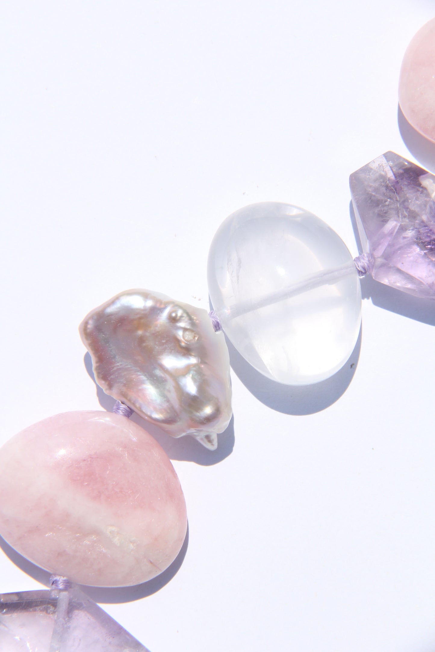 Necklace: morganite, quartz, amethyst, pearls