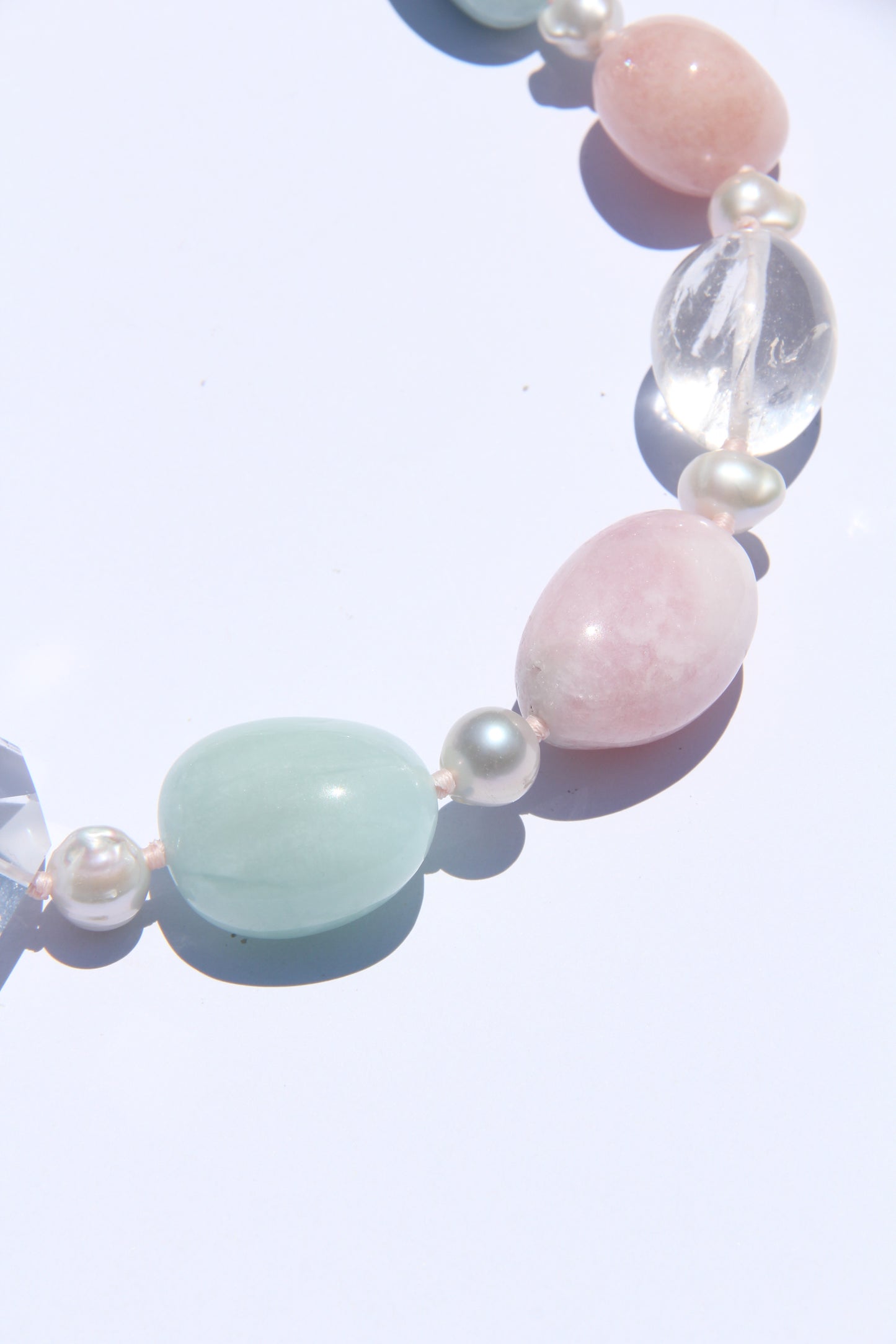 Necklace: morganite, aquamarine, quartz, pearls