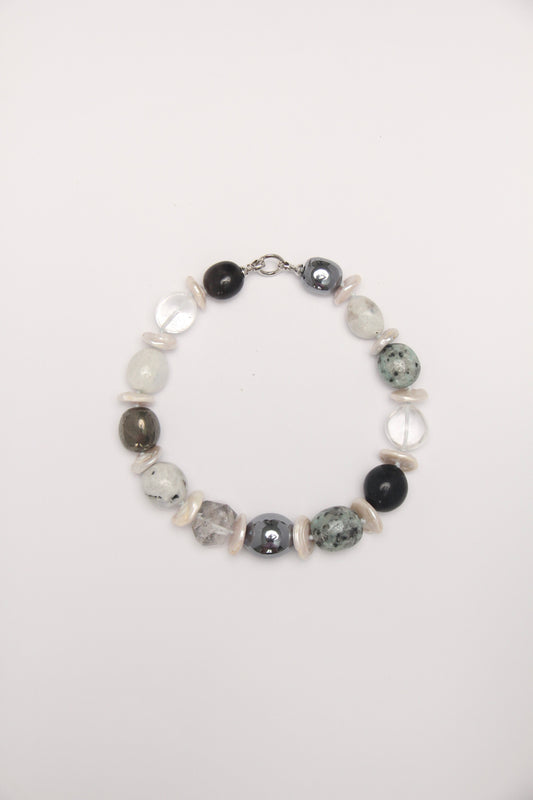 Necklace: herkimer diamond, kiwi stone, obsidian, quartz, moonstone, titanium magnet