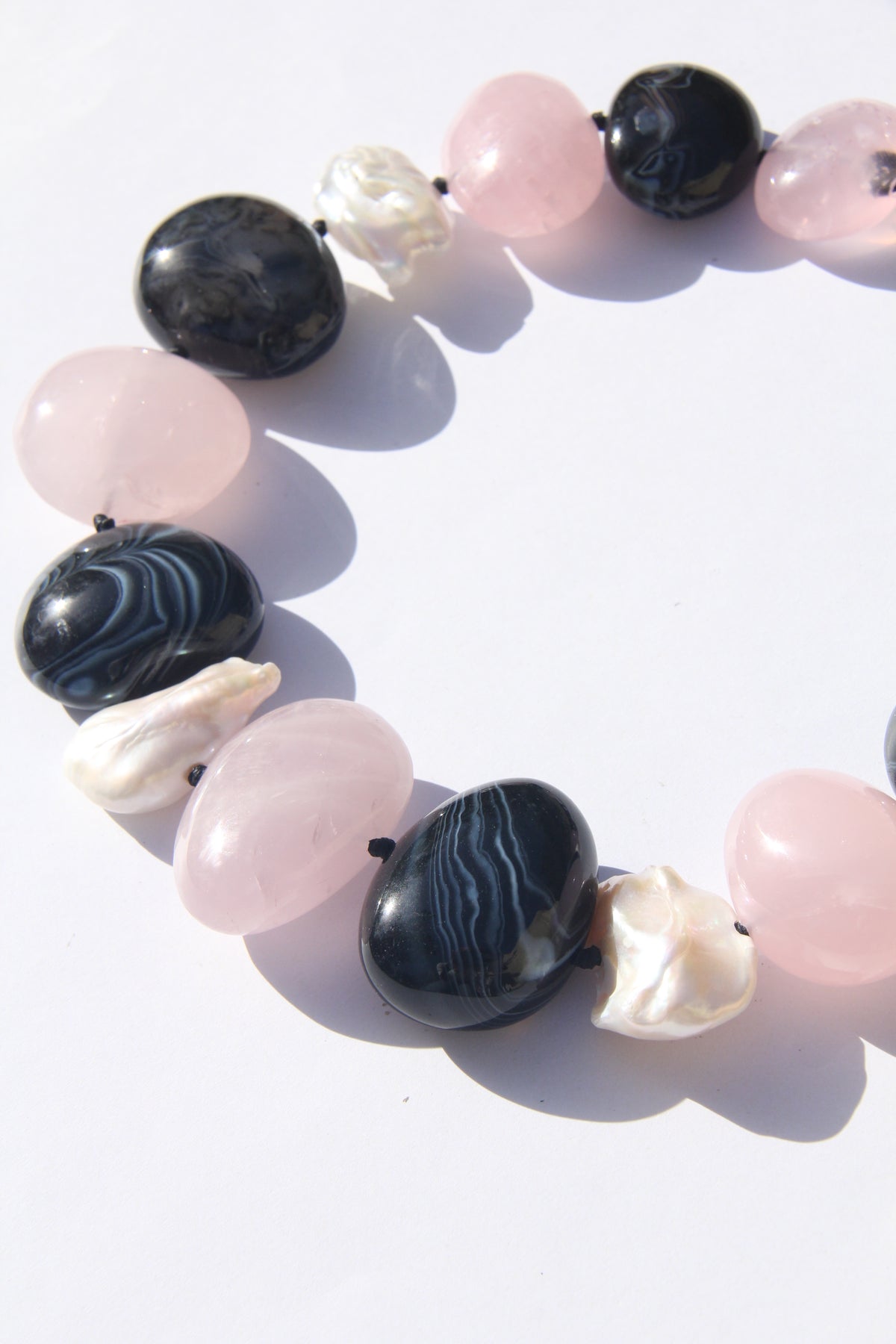 Necklace: sardonyx, pearls, rose quartz