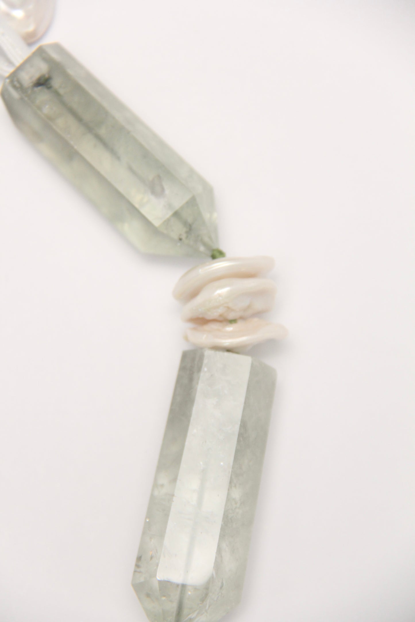 Necklace: prasem quartz, pearls
