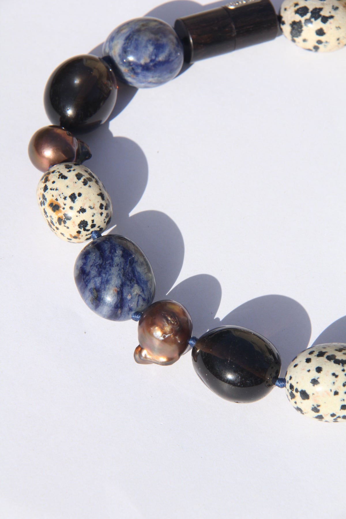 Necklace: dalmatian jasper stone, blue vein stone, pearls