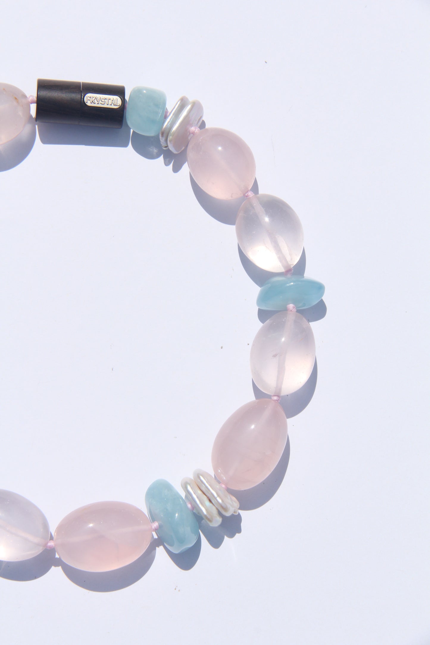 Necklace: rose quartz, morganite, pearls