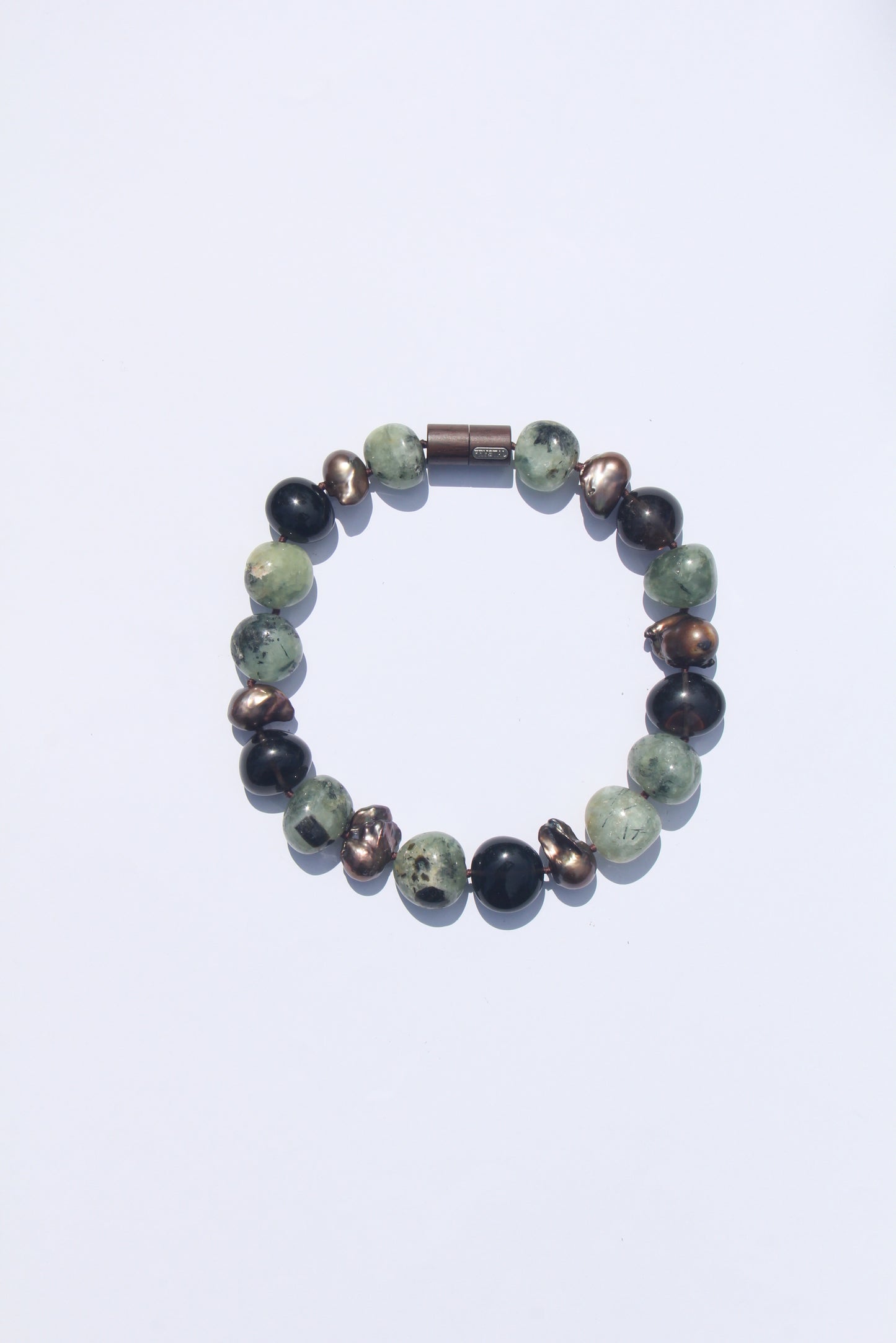Necklace: prehnite, smoky quartz, pearls