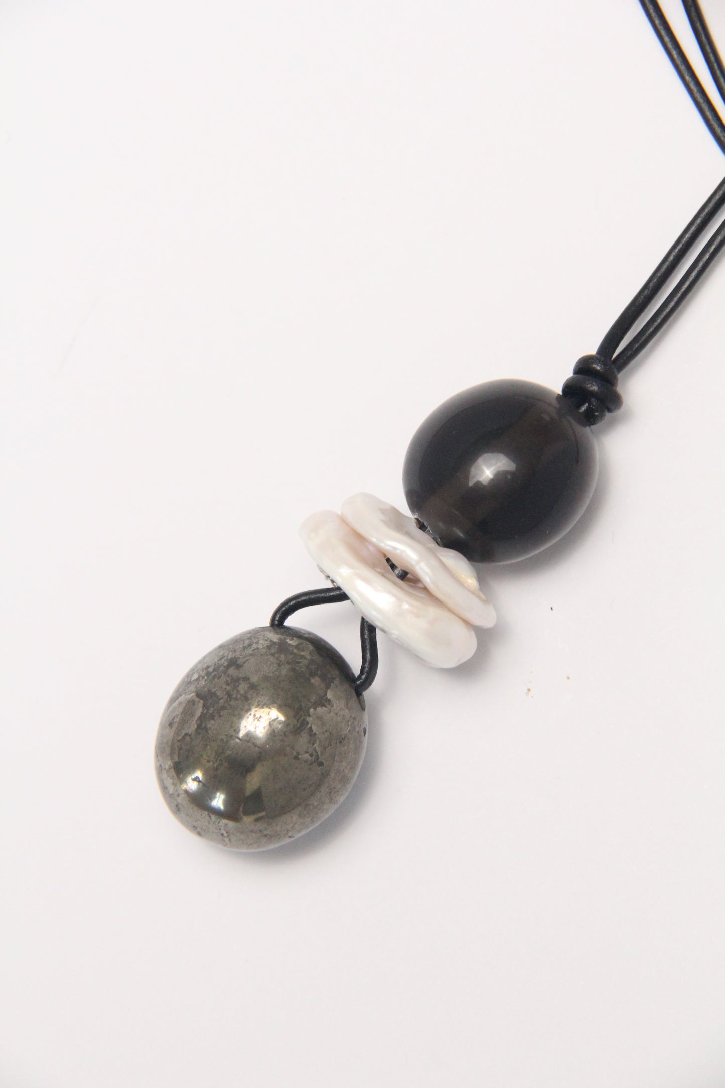 Pendant: obsidian, pearls, chalcopyrite
